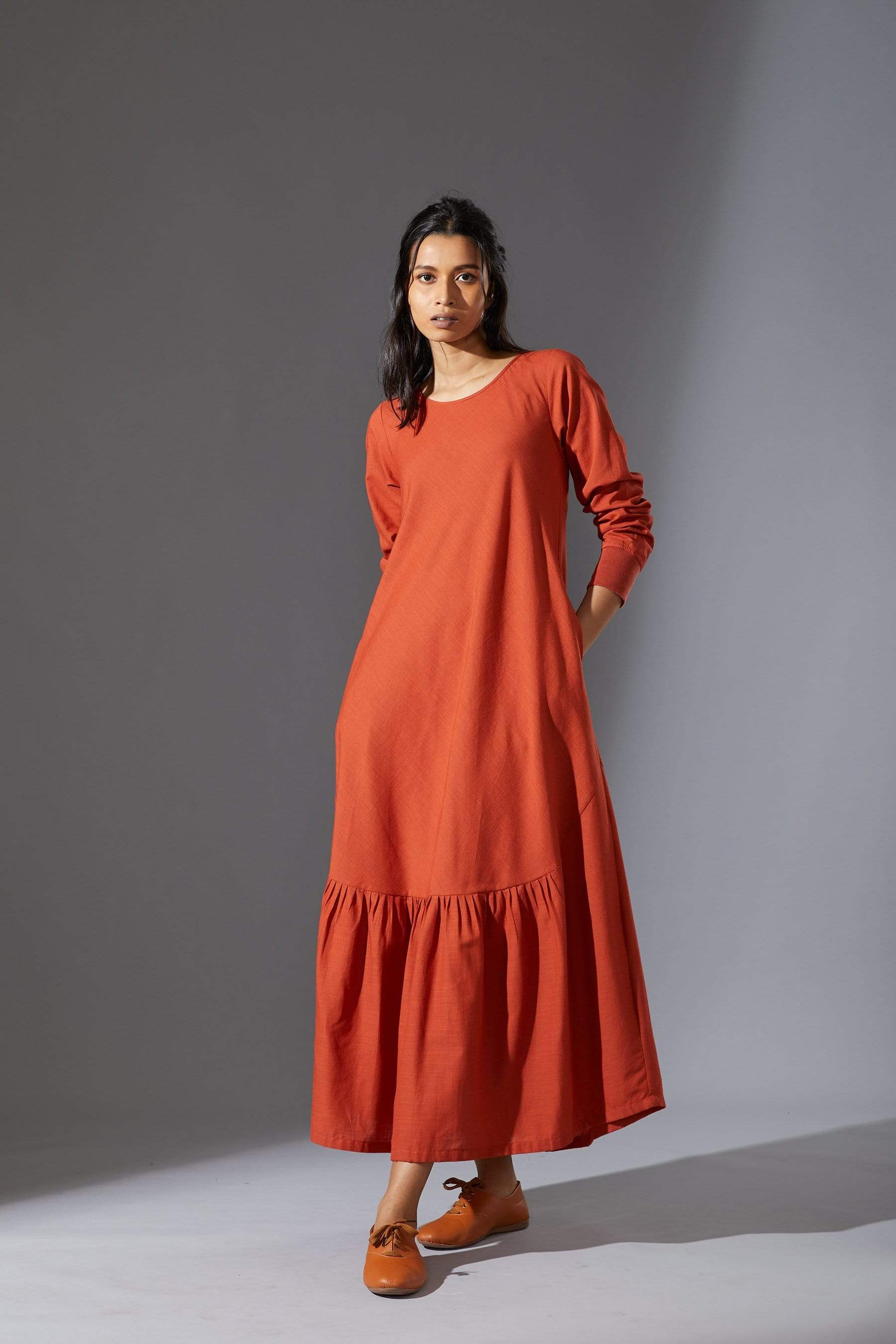 Handcrafted from Handwoven Organic Cotton, Rust A-Line Dresses for Women by Sustainable Fashion Designer Clothing Label MATI