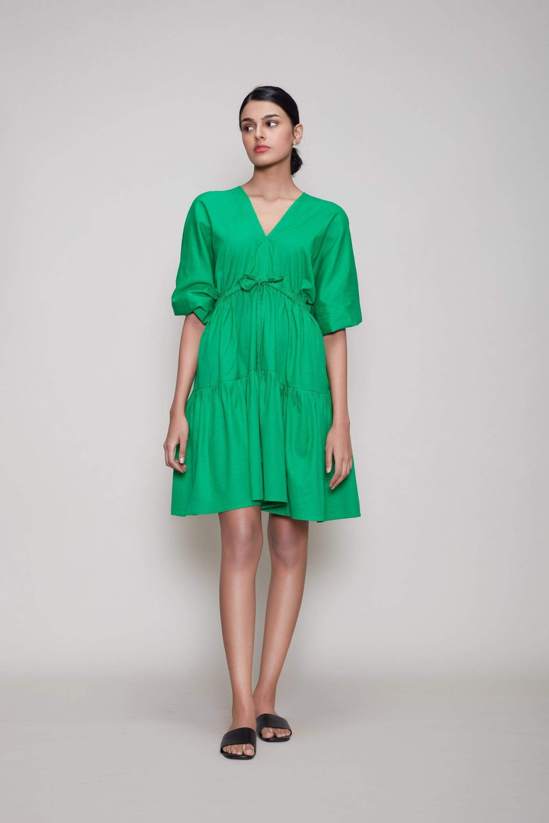 Handcrafted from Handwoven Organic Cotton, Short Tiered Green Dress for Women by Sustainable Fashion Designer Clothing Label MATI