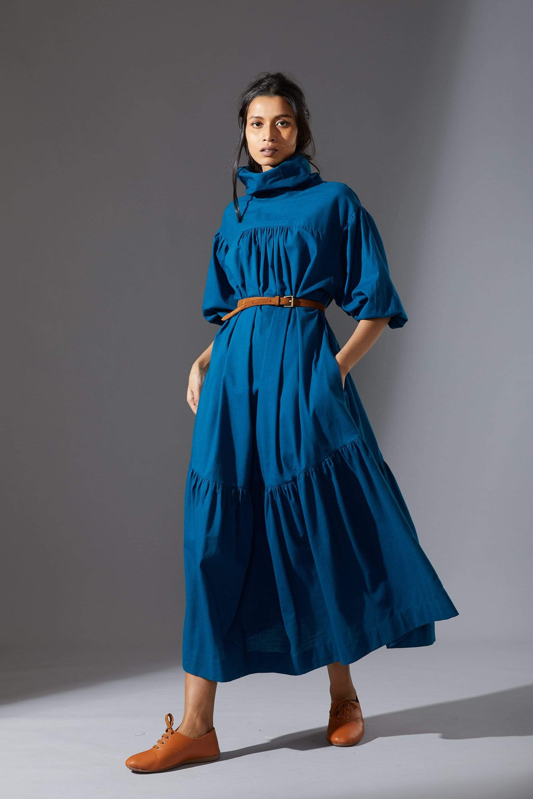 Handcrafted from Handwoven Organic Cotton, Blue Dress for Women by Sustainable Fashion Designer Clothing Label MATI
