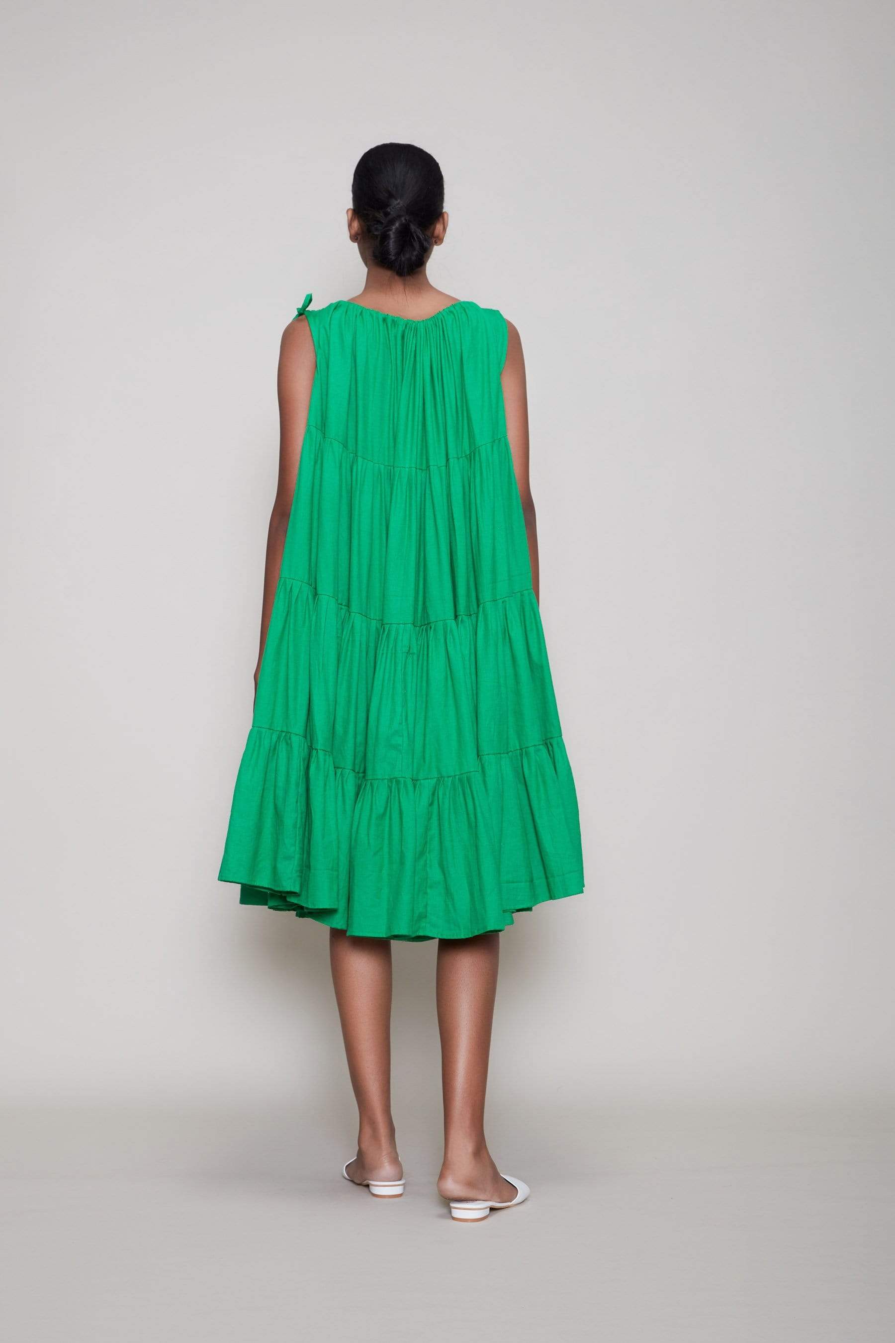 Handcrafted from Handwoven Organic Cotton, Flared Tiered Green Dress for Women by Sustainable Fashion Designer Clothing Label MATI
