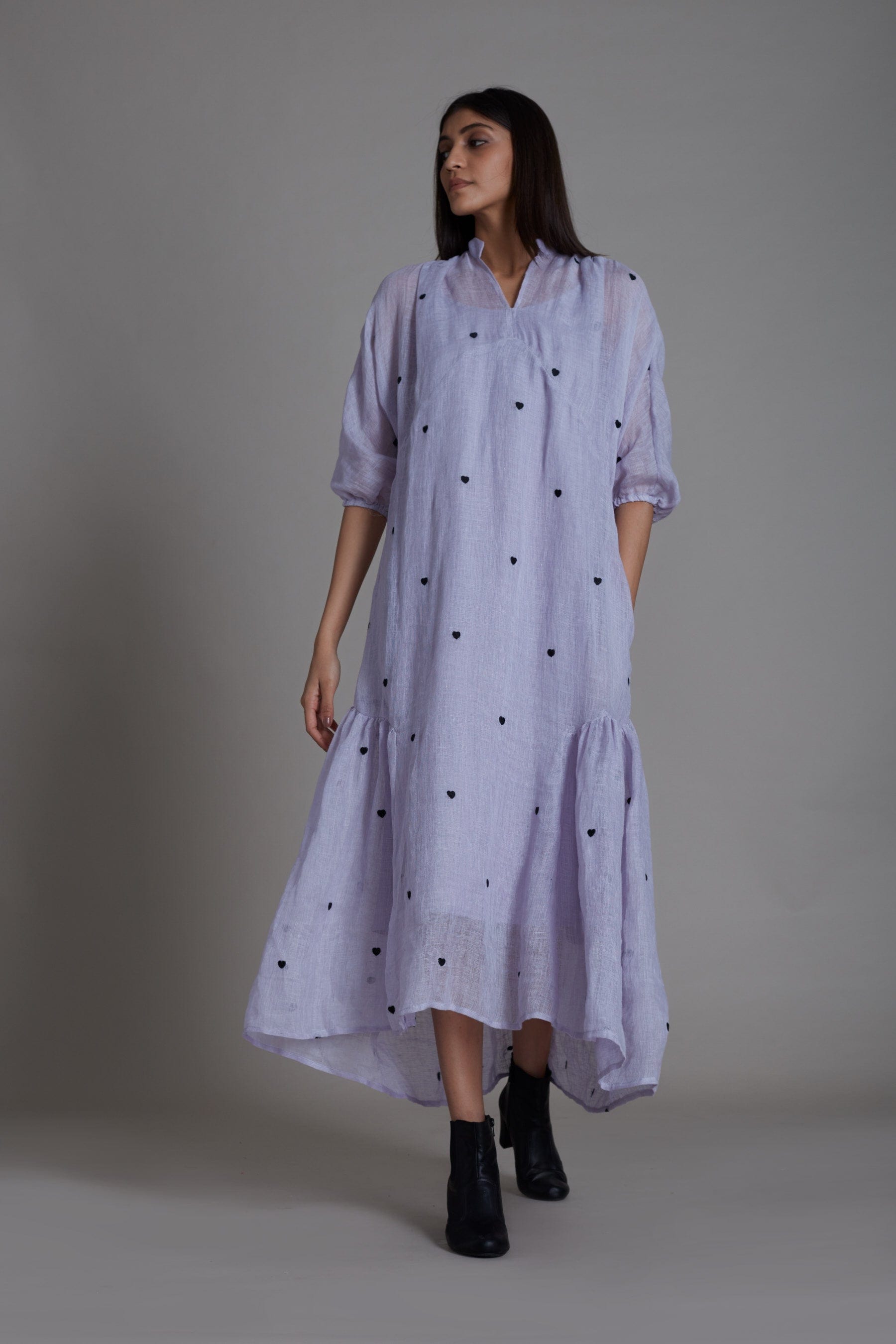 Handcrafted from Pure Linen, Embroidered Lavender Dress for Women by Sustainable Fashion Clothing Label MATI