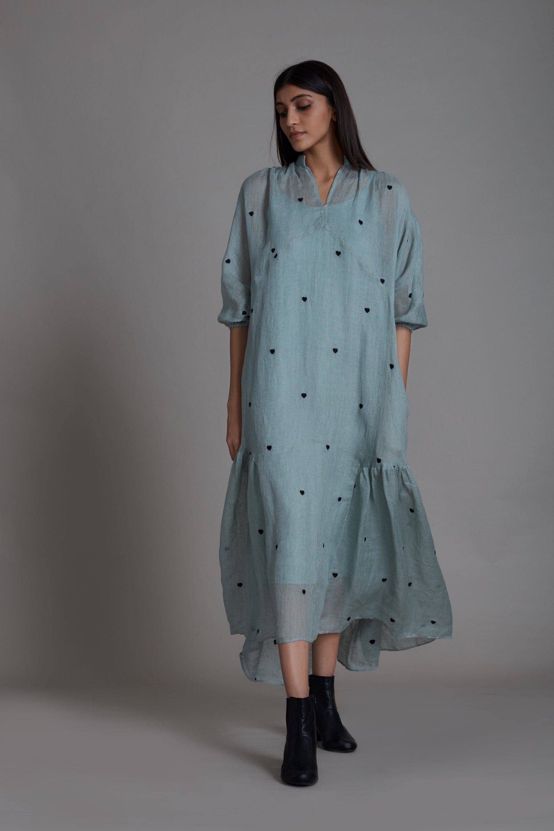 Handcrafted from Pure Linen, Embroidered Blue Dress for Women by Sustainable Fashion Clothing Label MATI