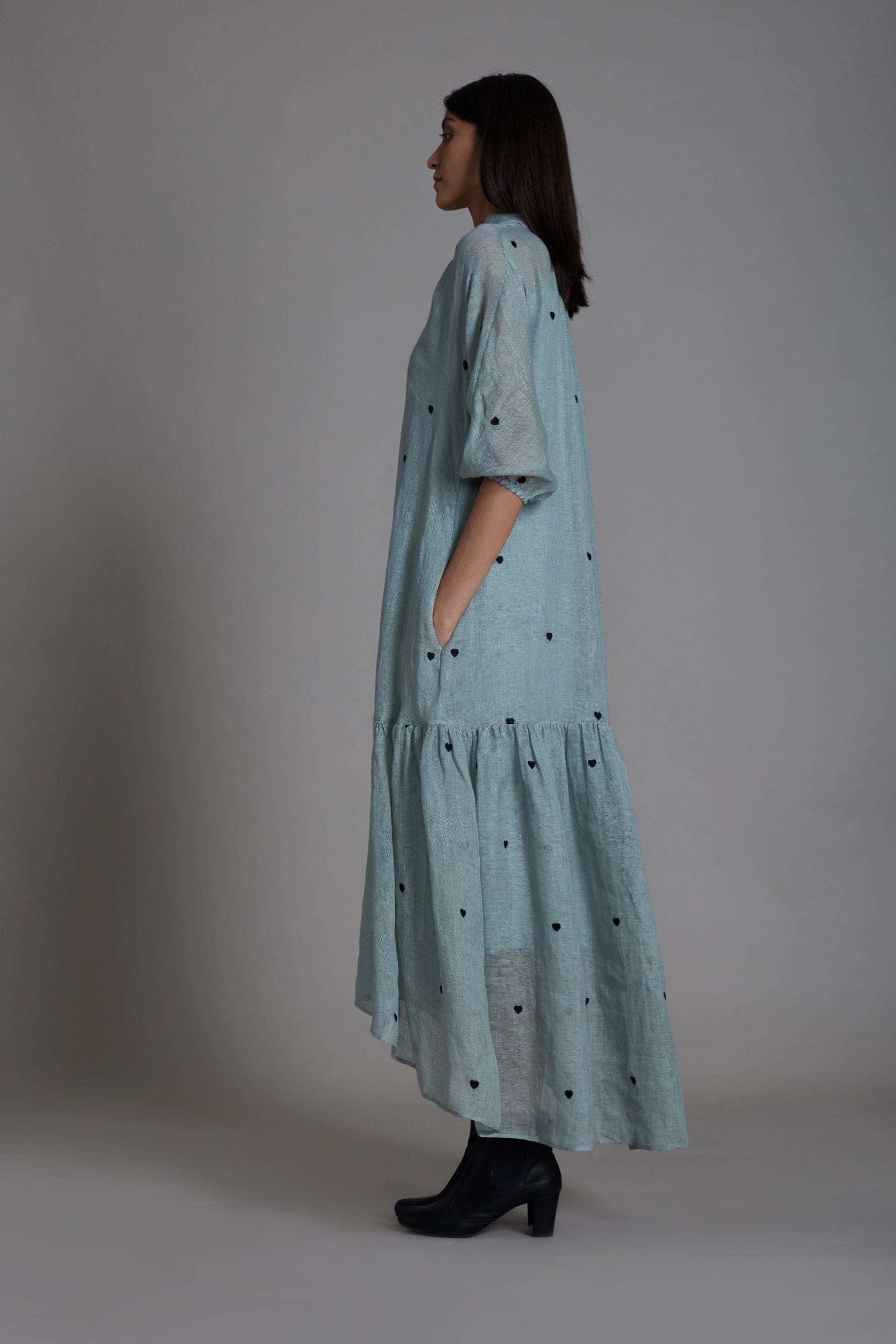 Handcrafted from Pure Linen, Embroidered Blue Dress for Women by Sustainable Fashion Clothing Label MATI
