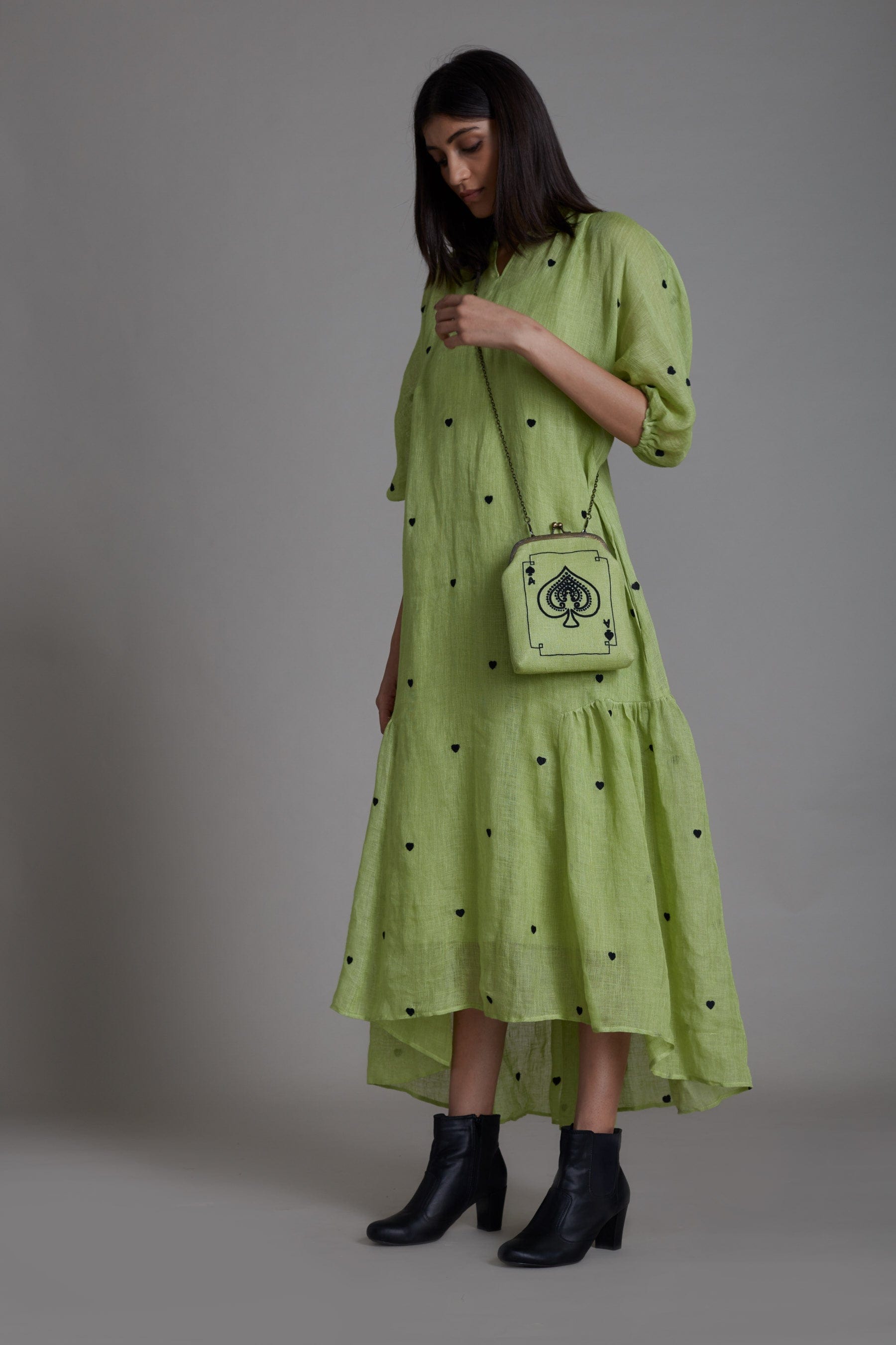 Handcrafted from Pure Linen, Embroidered Green Dress for Women by Sustainable Fashion Clothing Label MATI