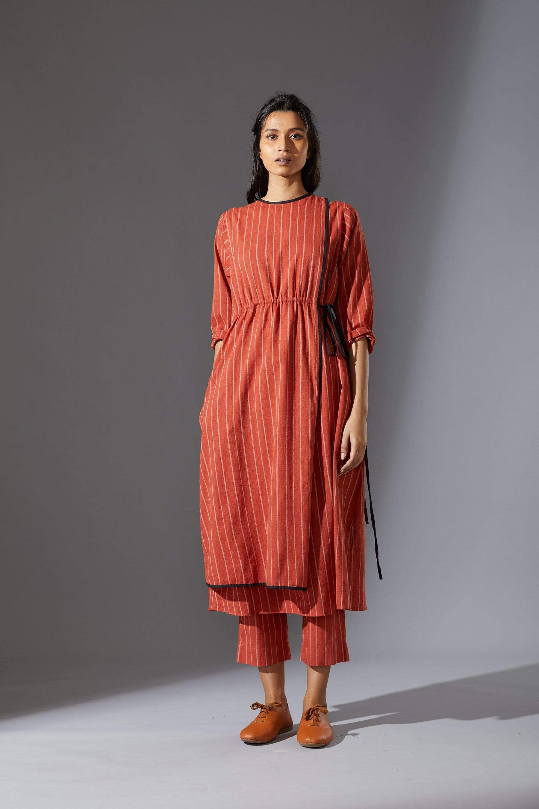Handcrafted from Handwoven Organic Cotton, Rust Overlap Tunic Dress for Women by Sustainable Fashion Designer Clothing Label MATI