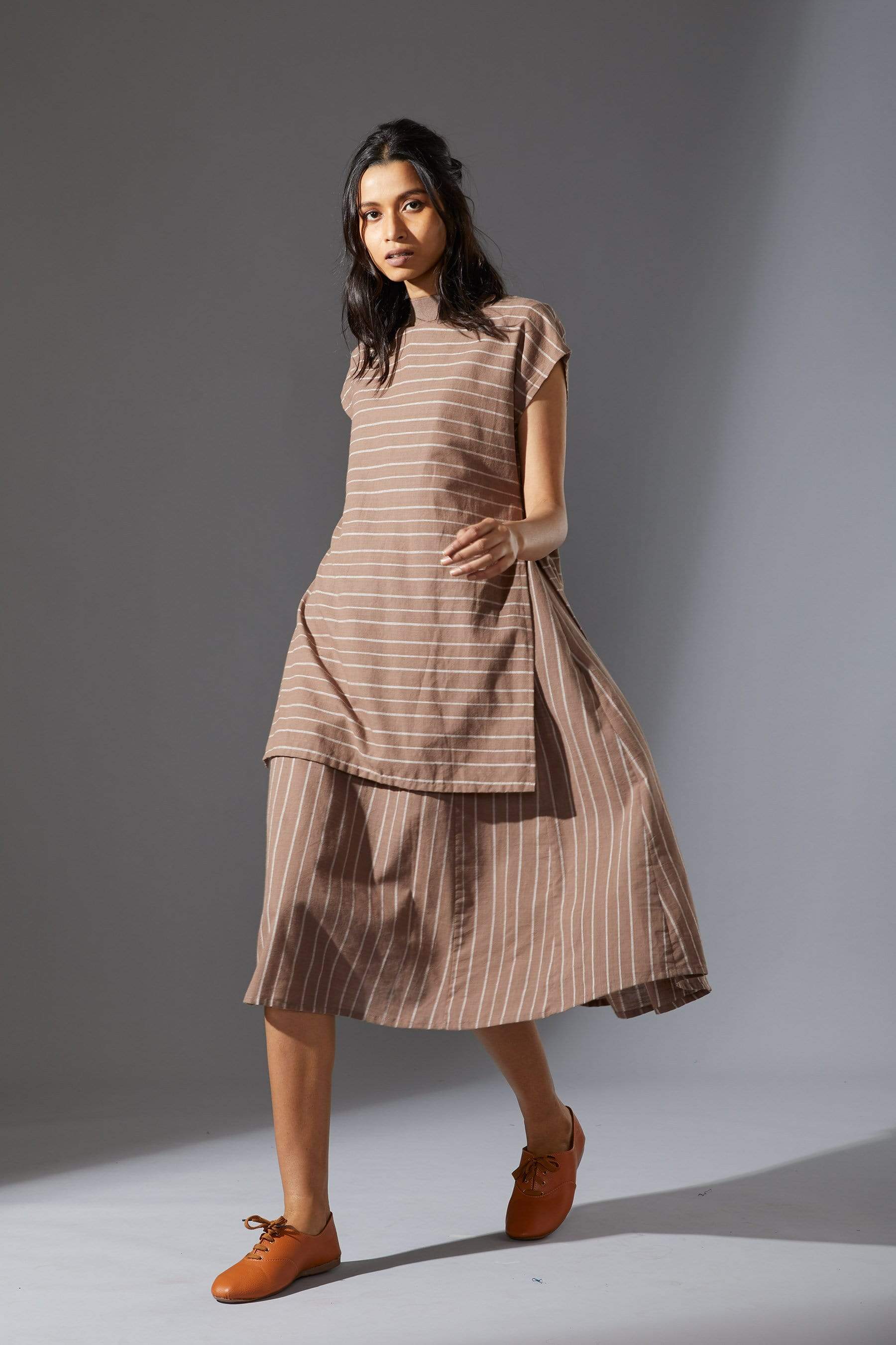 Handcrafted from Handwoven Organic Cotton, Striped Beige Dress for Women by Sustainable Fashion Designer Clothing Label MATI