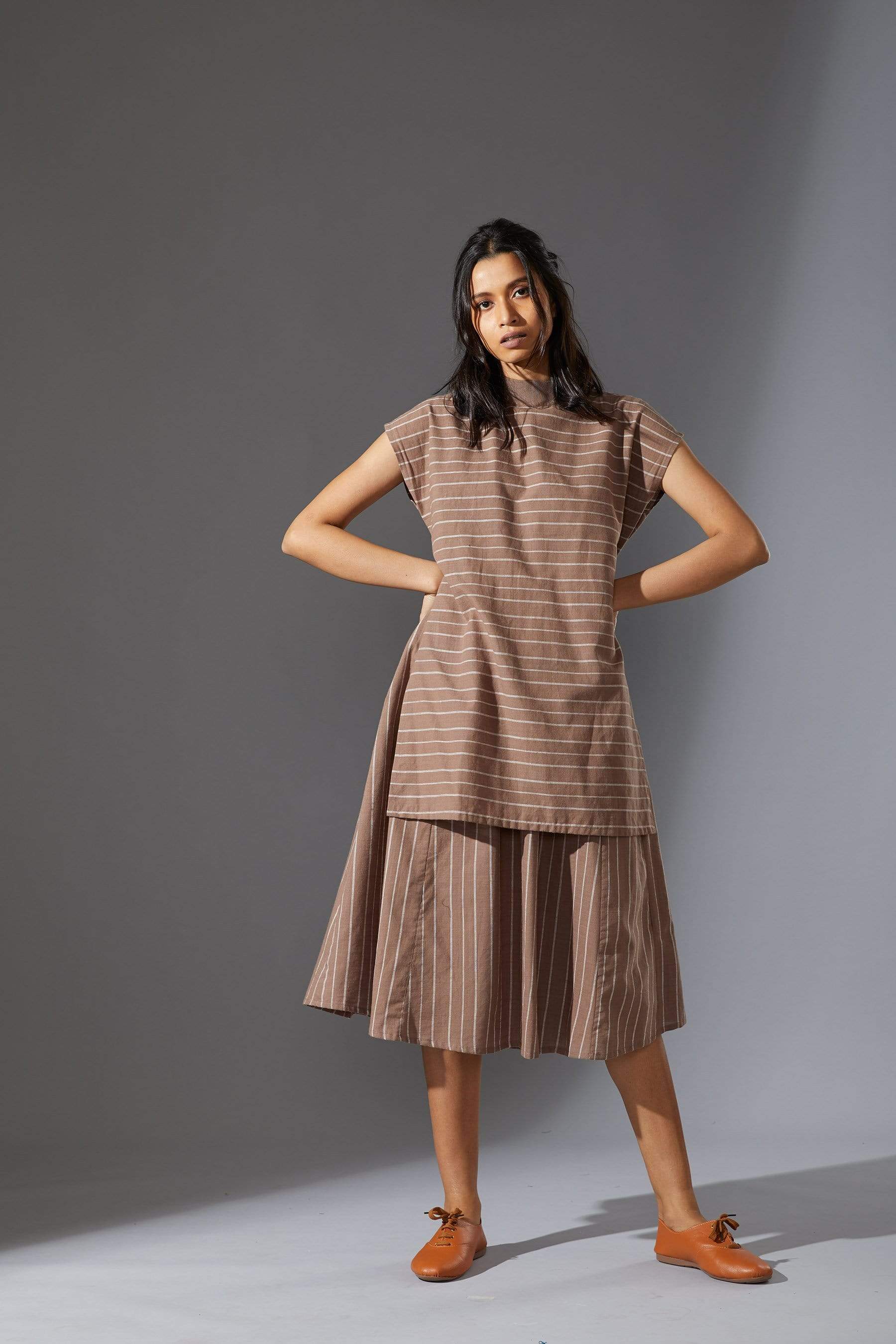 Handcrafted from Handwoven Organic Cotton, Striped Beige Dress for Women by Sustainable Fashion Designer Clothing Label MATI