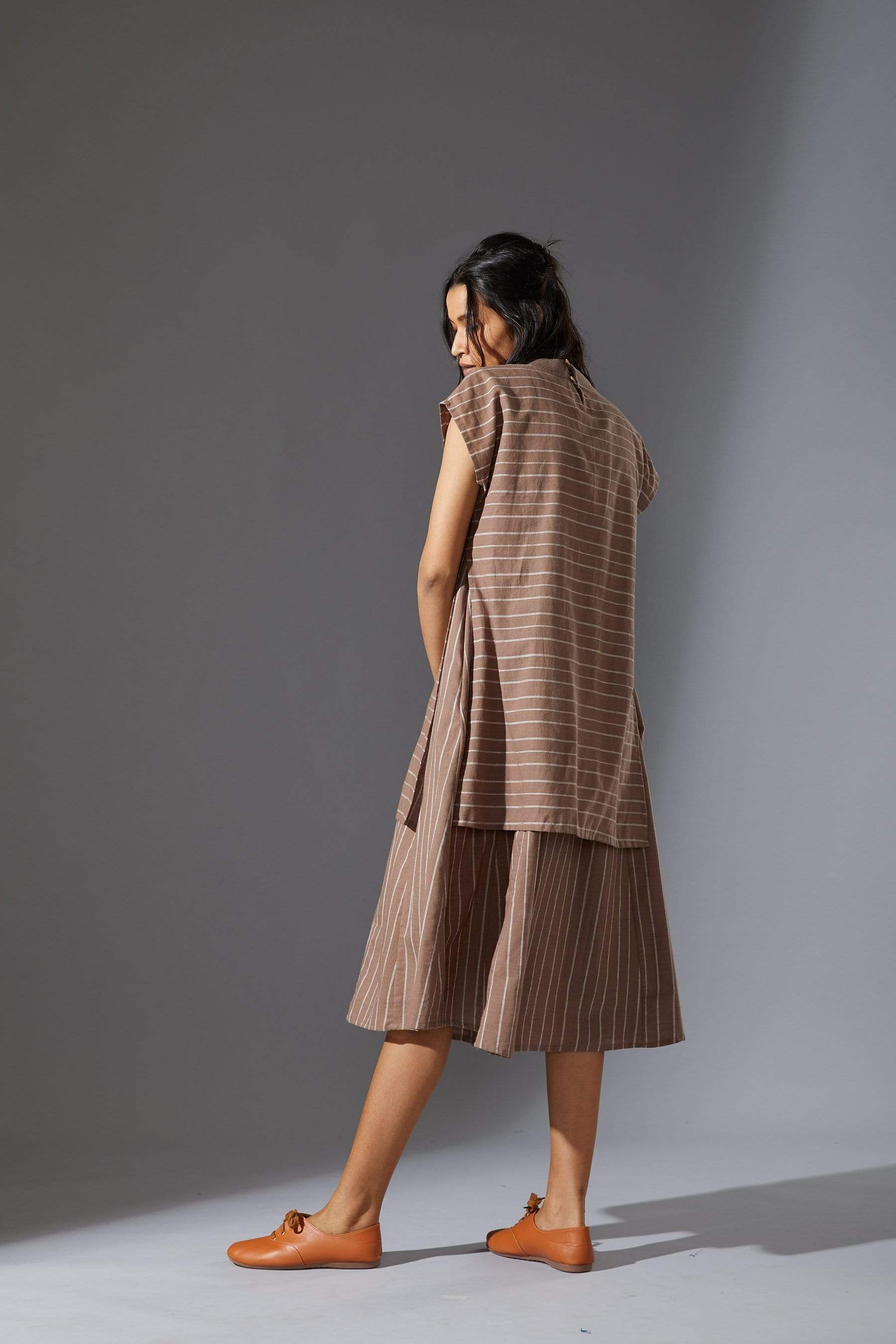 Handcrafted from Handwoven Organic Cotton, Striped Beige Dress for Women by Sustainable Fashion Designer Clothing Label MATI
