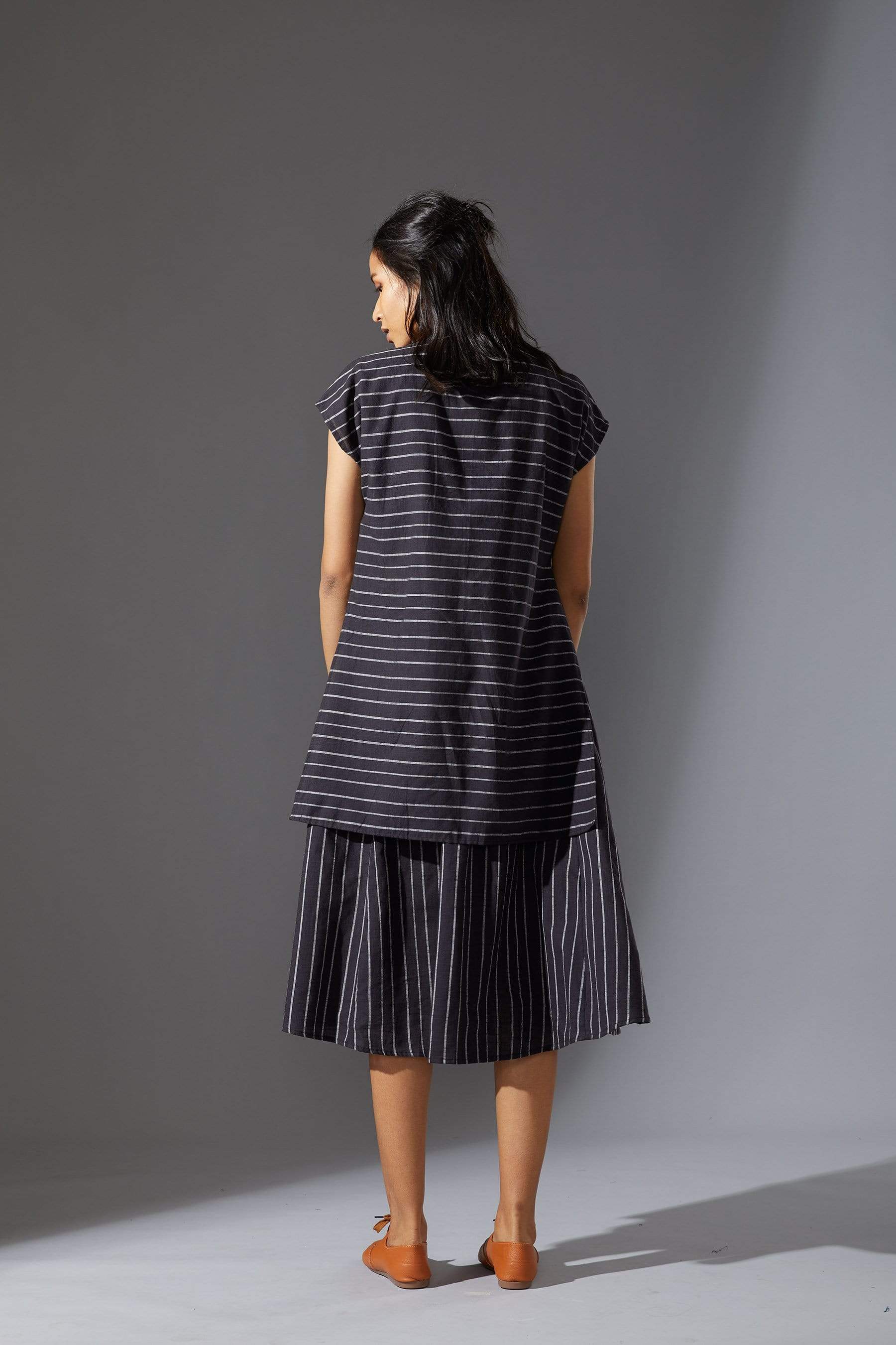 Handcrafted from Handwoven Organic Cotton, Striped Black Dress for Women by Sustainable Fashion Designer Clothing Label MATI
