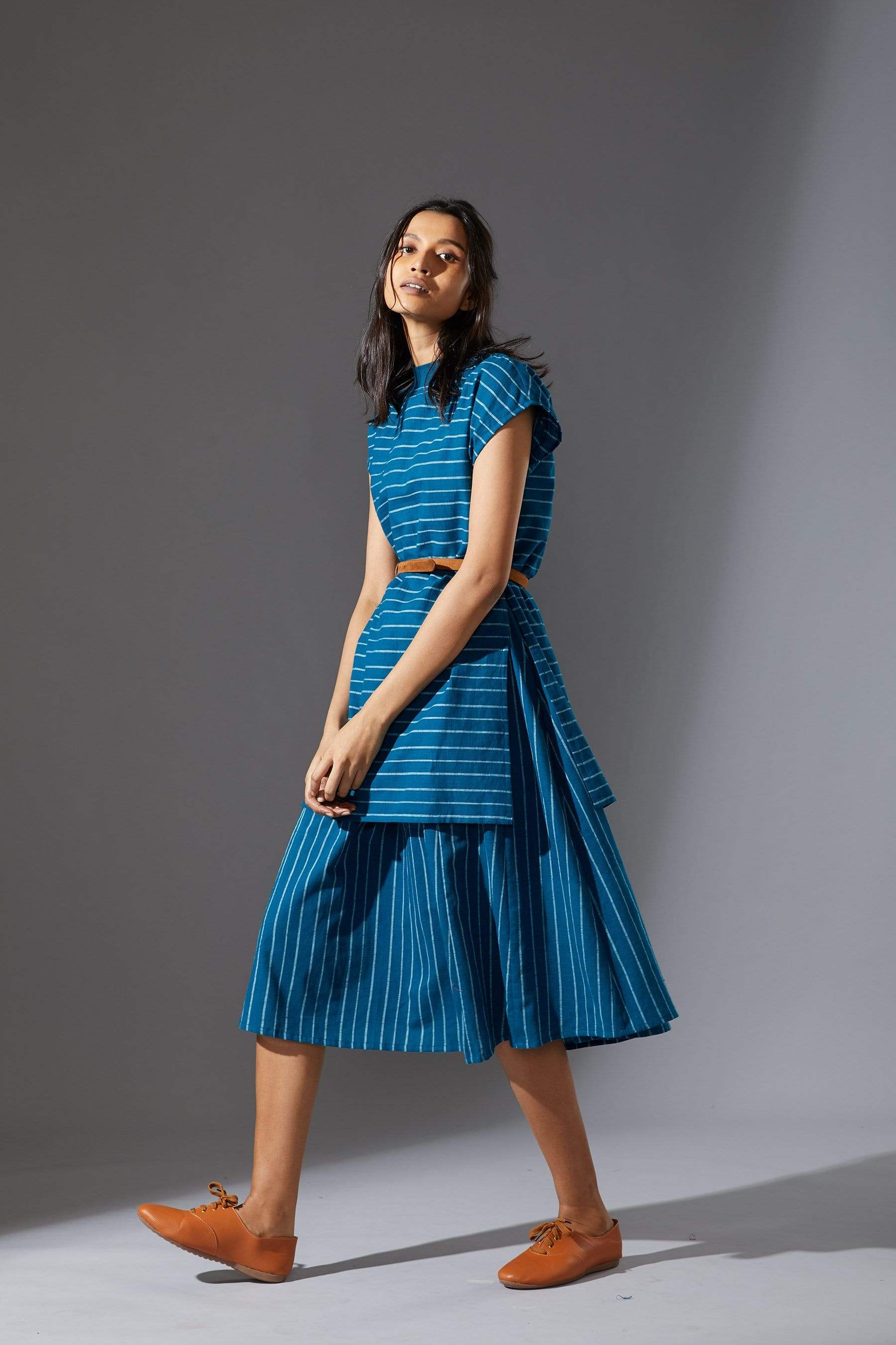 Handcrafted from Handwoven Organic Cotton, Striped Blue Dress for Women by Sustainable Fashion Designer Clothing Label MATI