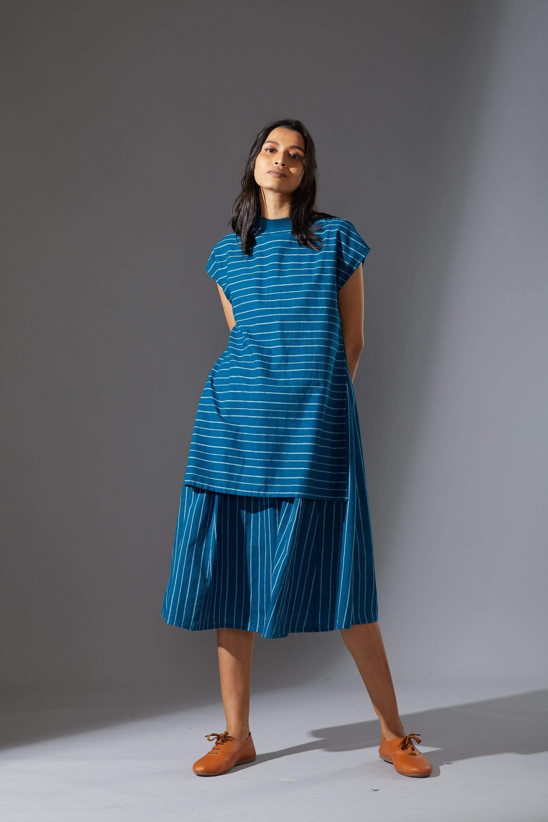Handcrafted from Handwoven Organic Cotton, Striped Blue Dress for Women by Sustainable Fashion Designer Clothing Label MATI