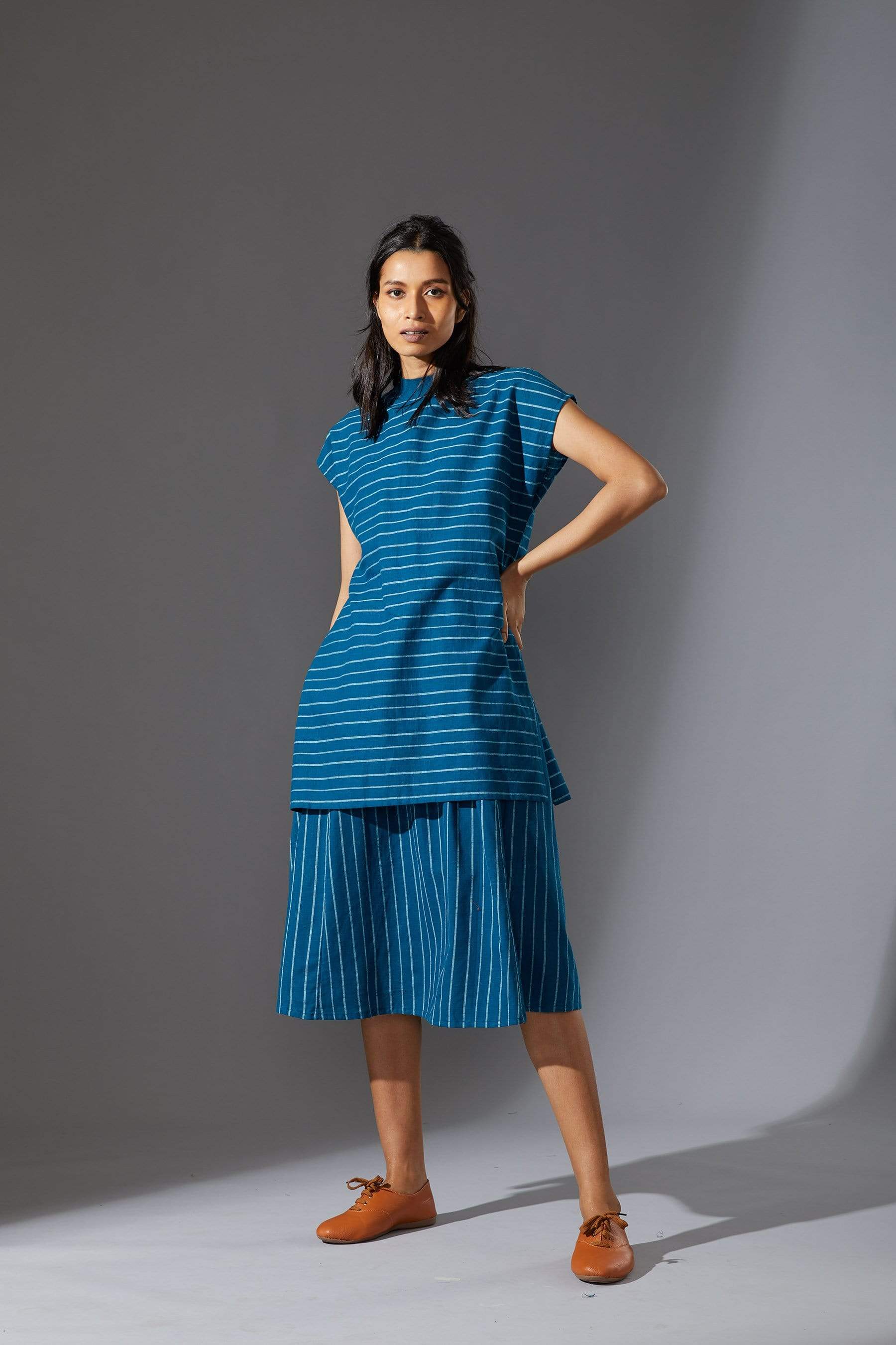 Handcrafted from Handwoven Organic Cotton, Striped Blue Dress for Women by Sustainable Fashion Designer Clothing Label MATI