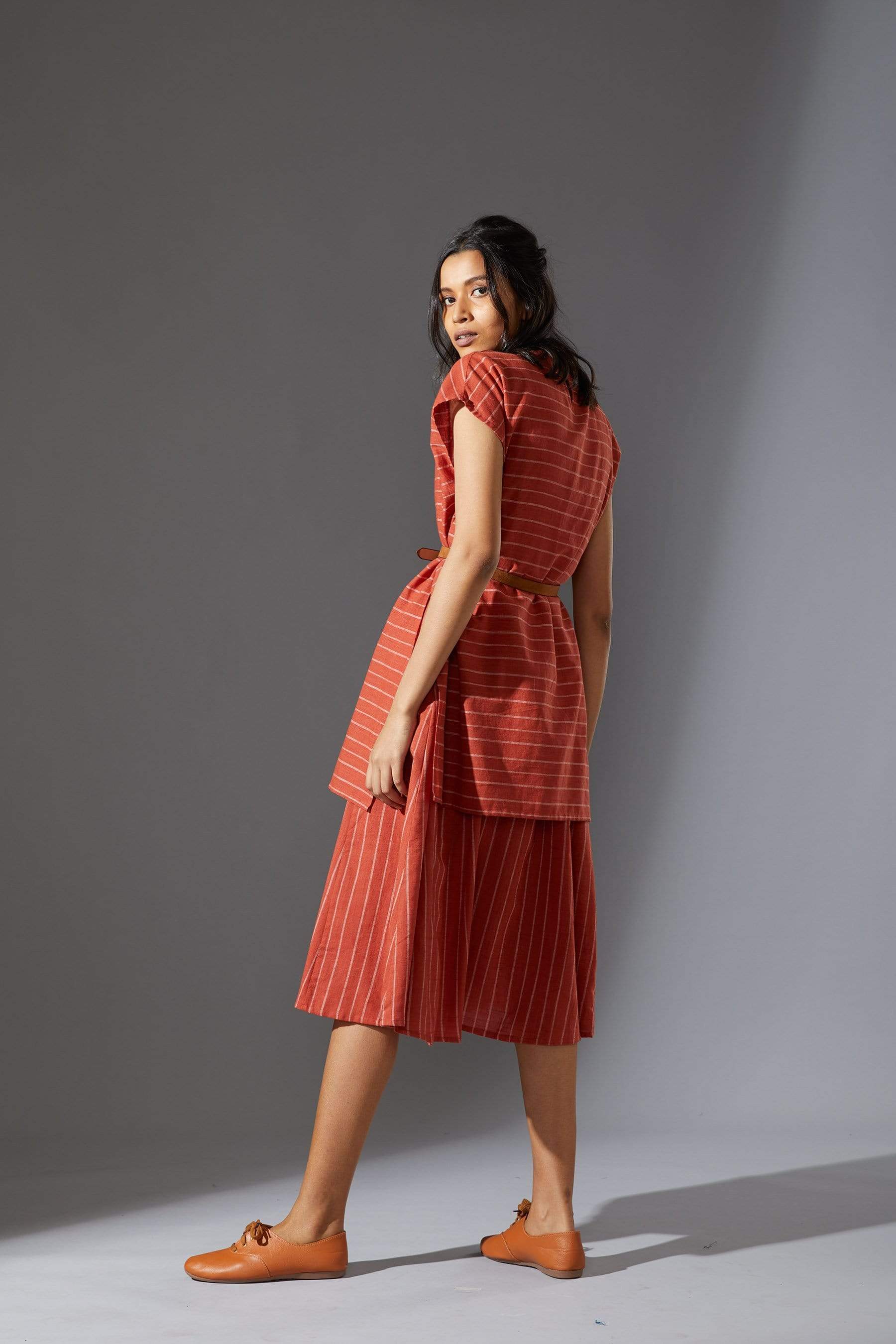 Handcrafted from Handwoven Organic Cotton, Striped Rust Dress for Women by Sustainable Fashion Designer Clothing Label MATI