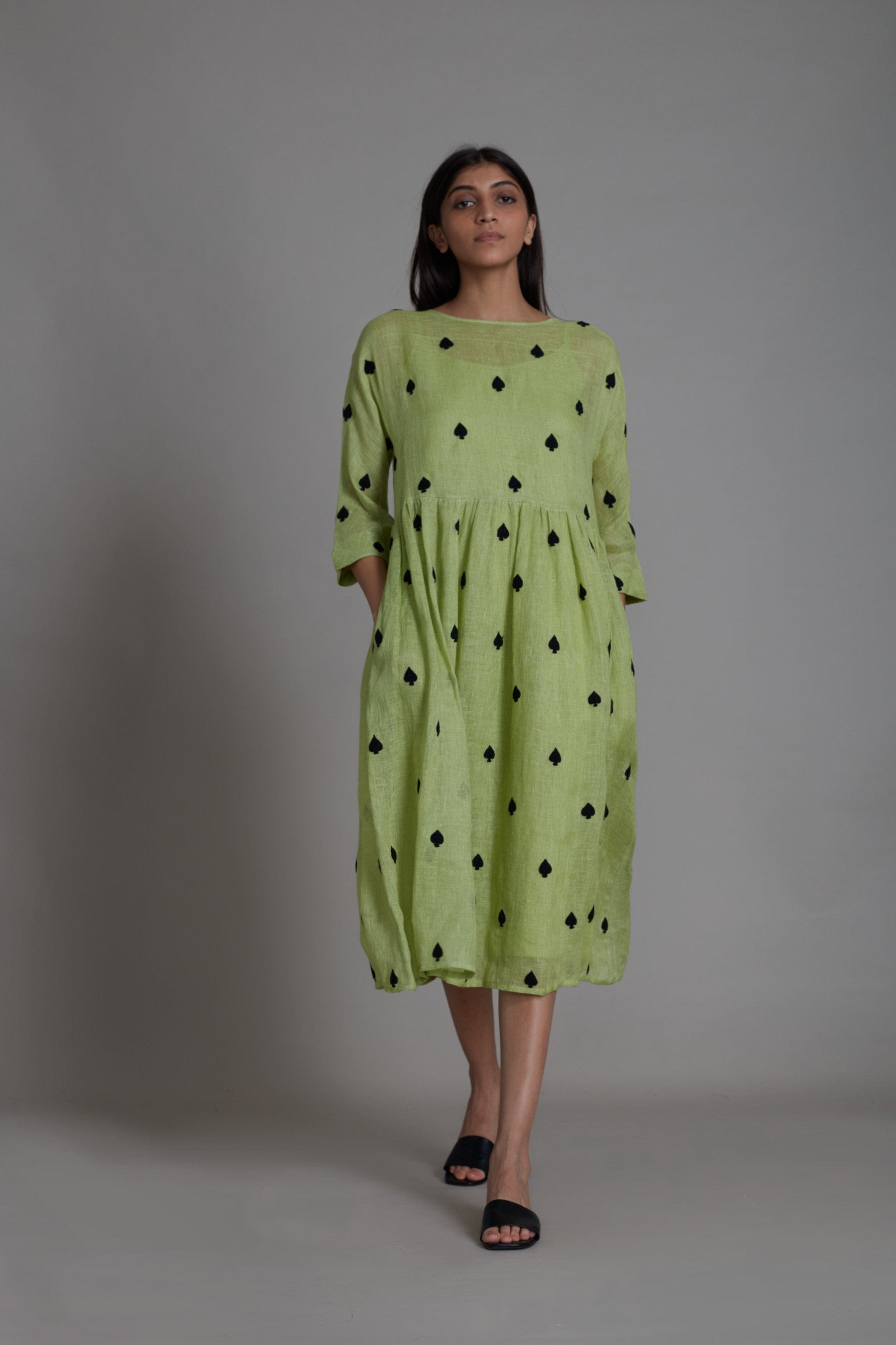 Handcrafted from Pure Linen, Embroidered Green Dress for Women by Sustainable Fashion Clothing Label MATI