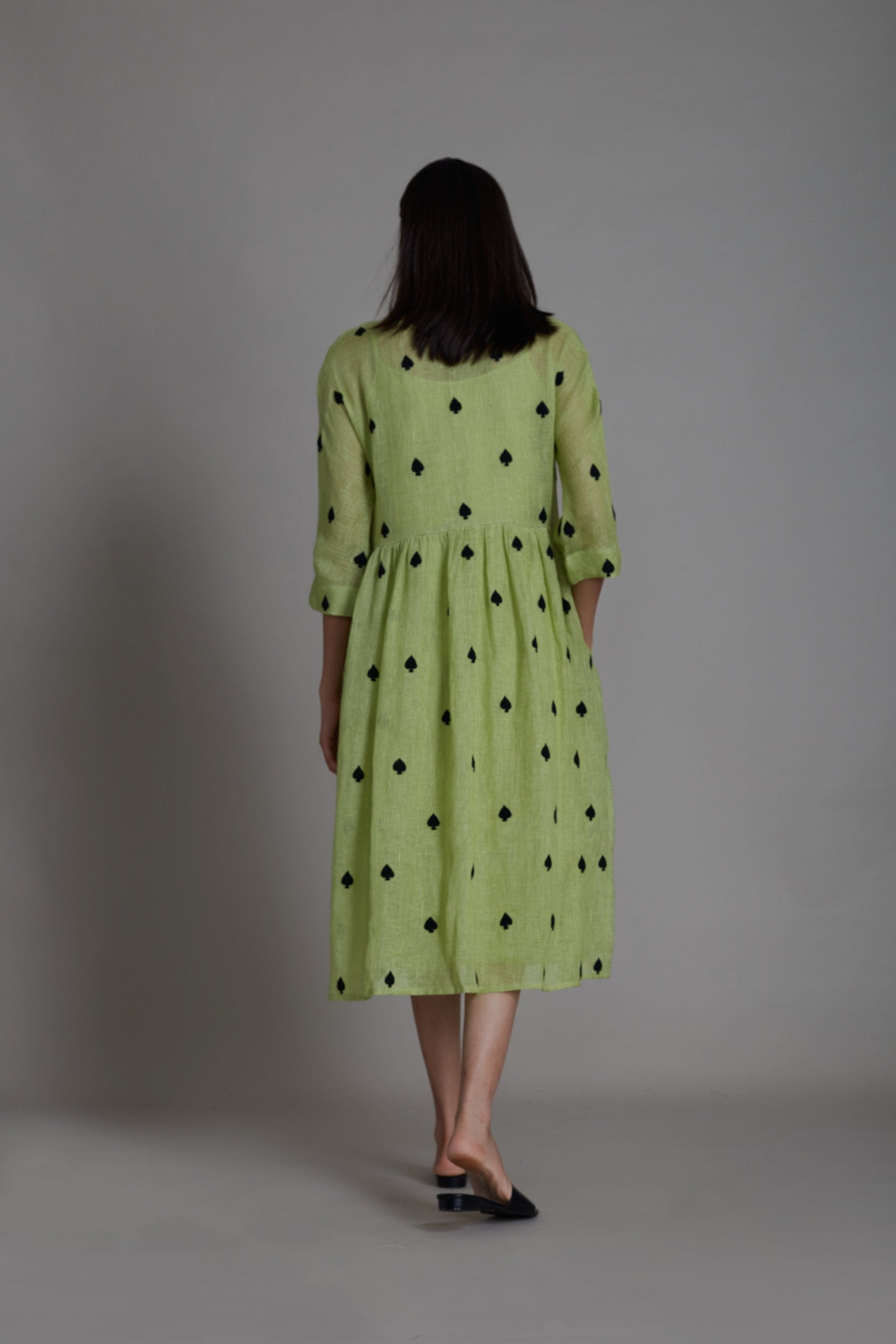 Handcrafted from Pure Linen, Embroidered Green Dress for Women by Sustainable Fashion Clothing Label MATI
