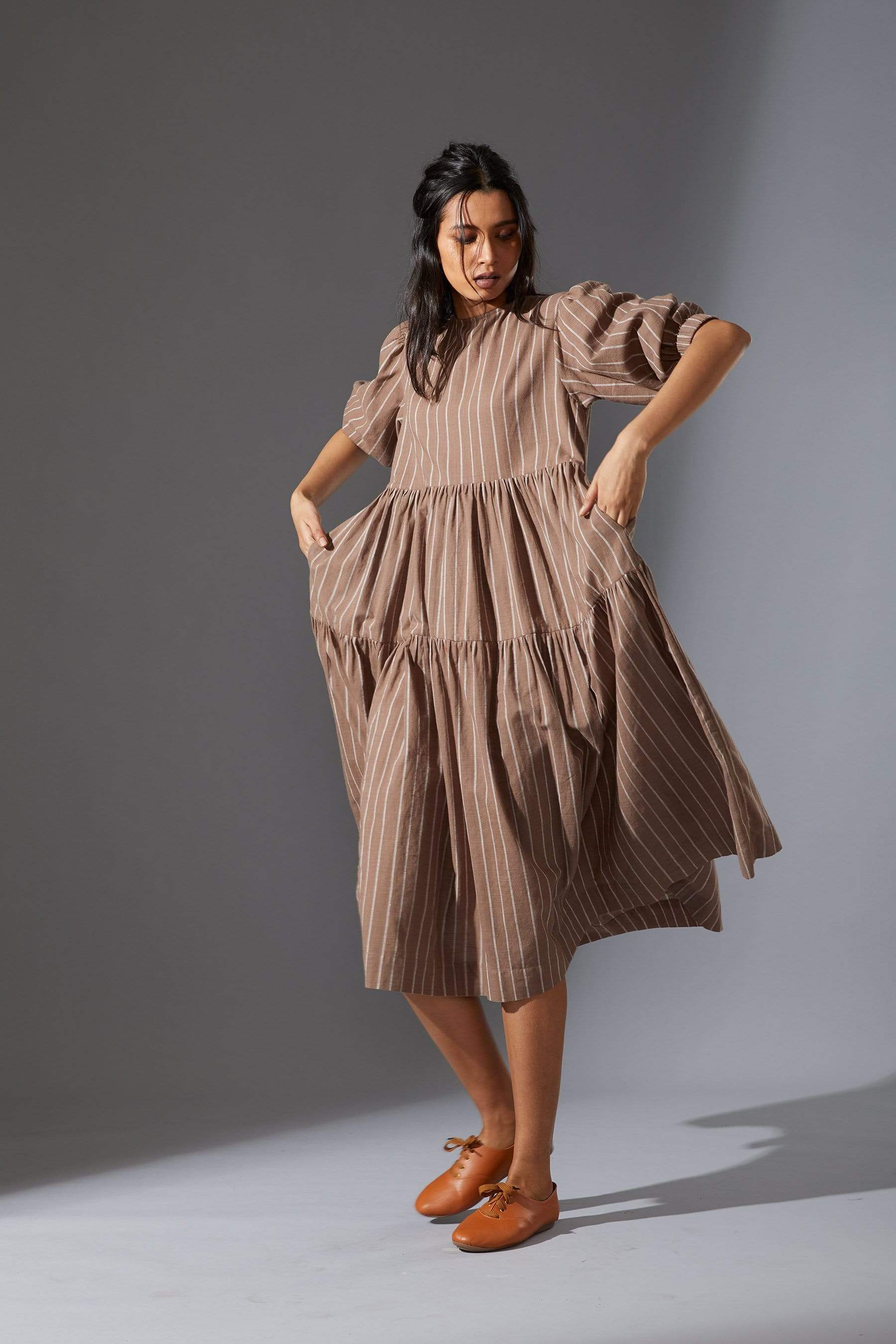 Handcrafted from Handwoven Organic Cotton, Striped Beige Tiered Dress for Women by Sustainable Fashion Designer Clothing Label MATI