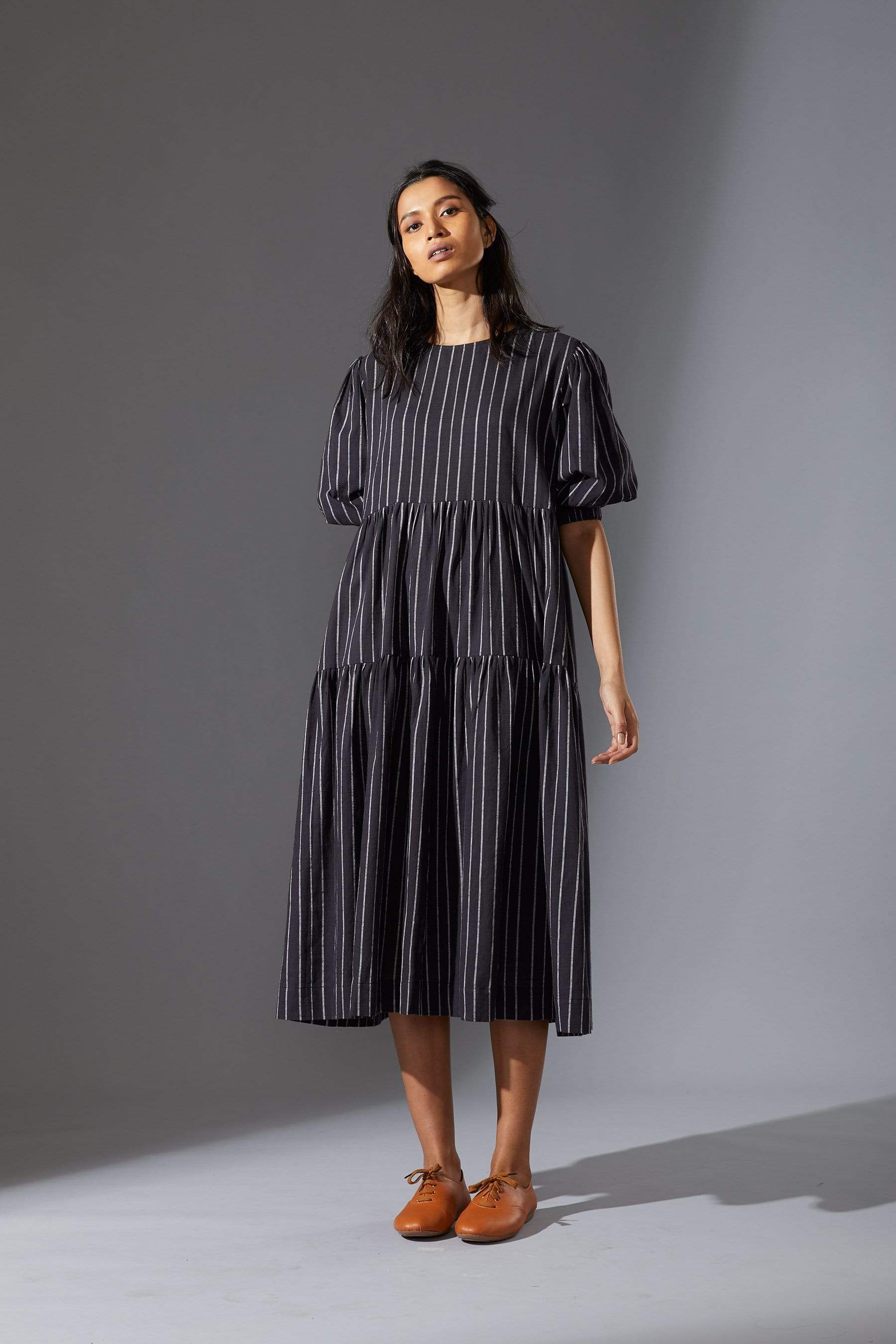 Handcrafted from Handwoven Organic Cotton Striped Black Tiered Dress for Women by Sustainable Fashion Designer Clothing Label MATI