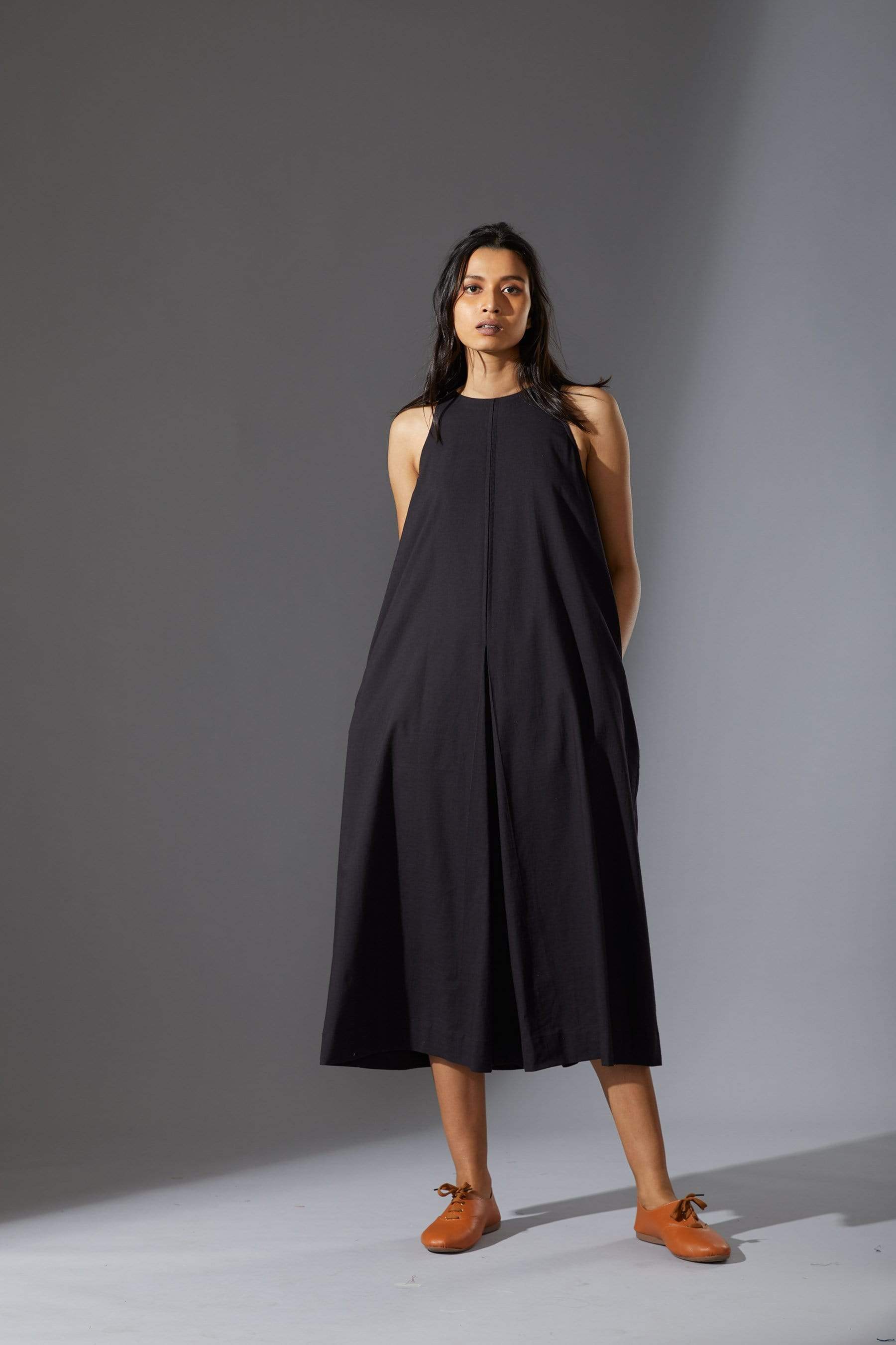 Handcrafted from Handwoven Organic Cotton, Black A-Line Sleeveless Dress for Women by Sustainable Fashion Designer Clothing Label MATI