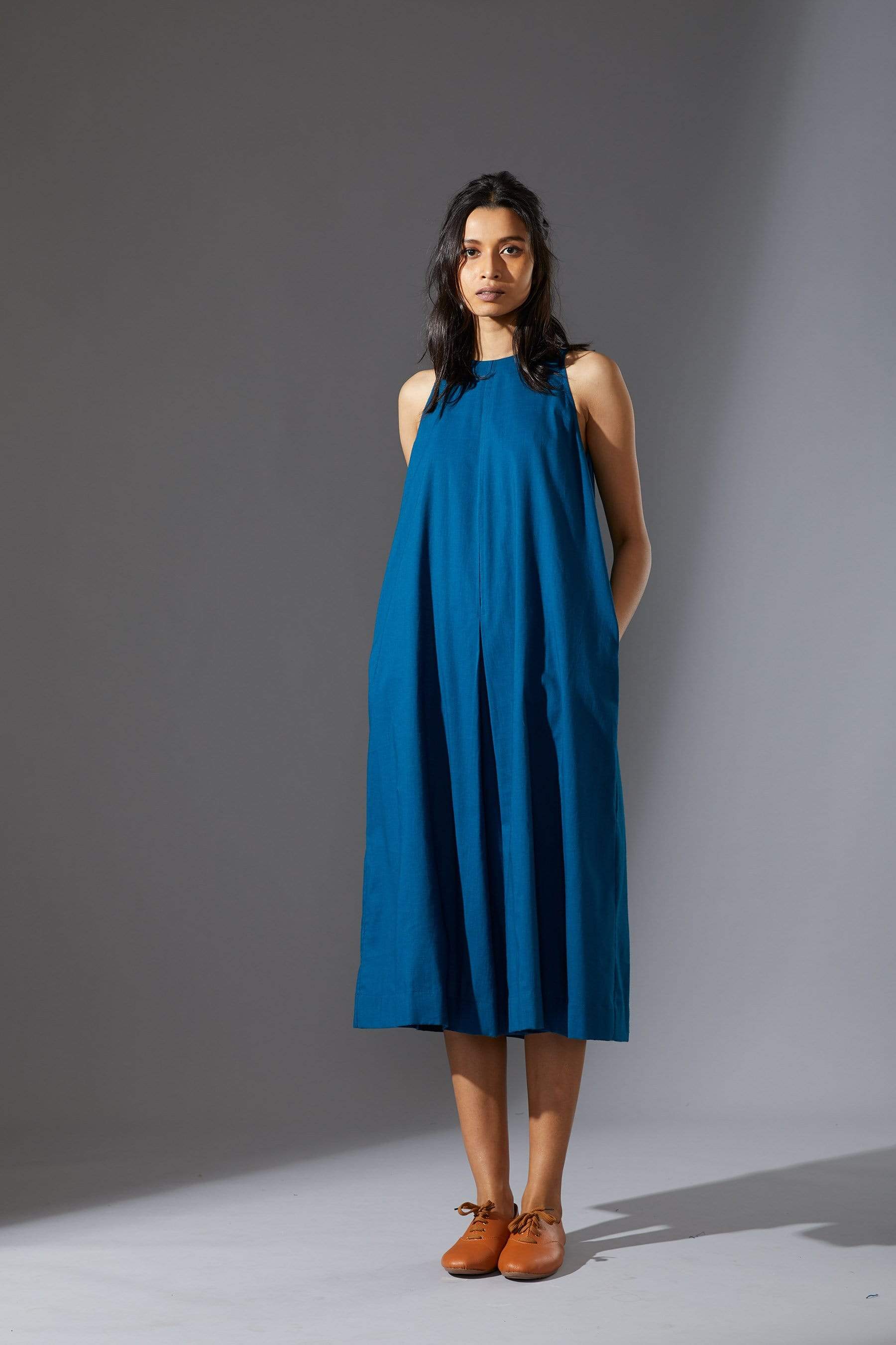 Handcrafted from Handwoven Organic Cotton, Blue A-Line Sleeveless Dress for Women by Sustainable Fashion Designer Clothing Label MATI