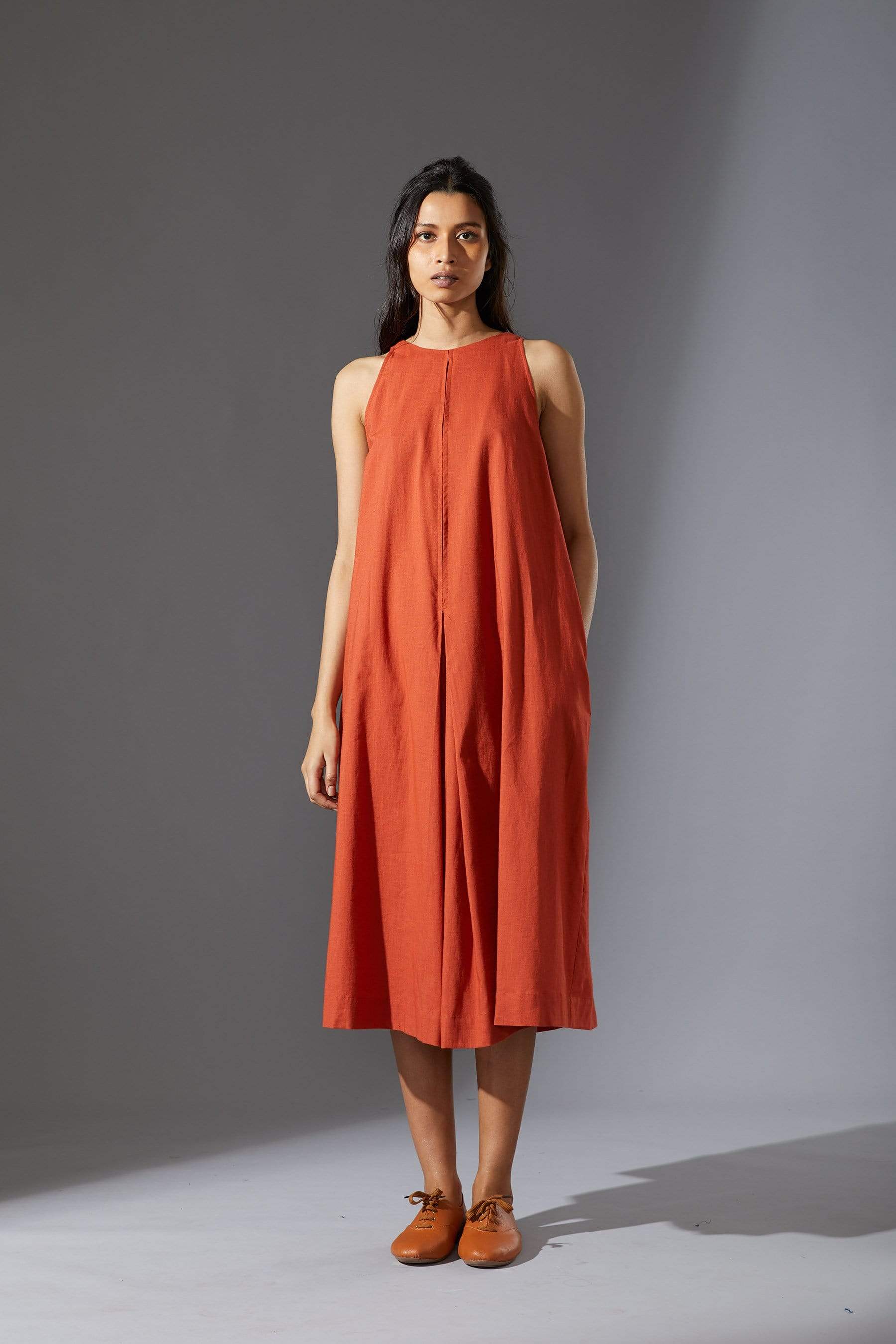Handcrafted from Handwoven Organic Cotton, Rust A-Line Sleeveless Dress for Women by Sustainable Fashion Designer Clothing Label MATI