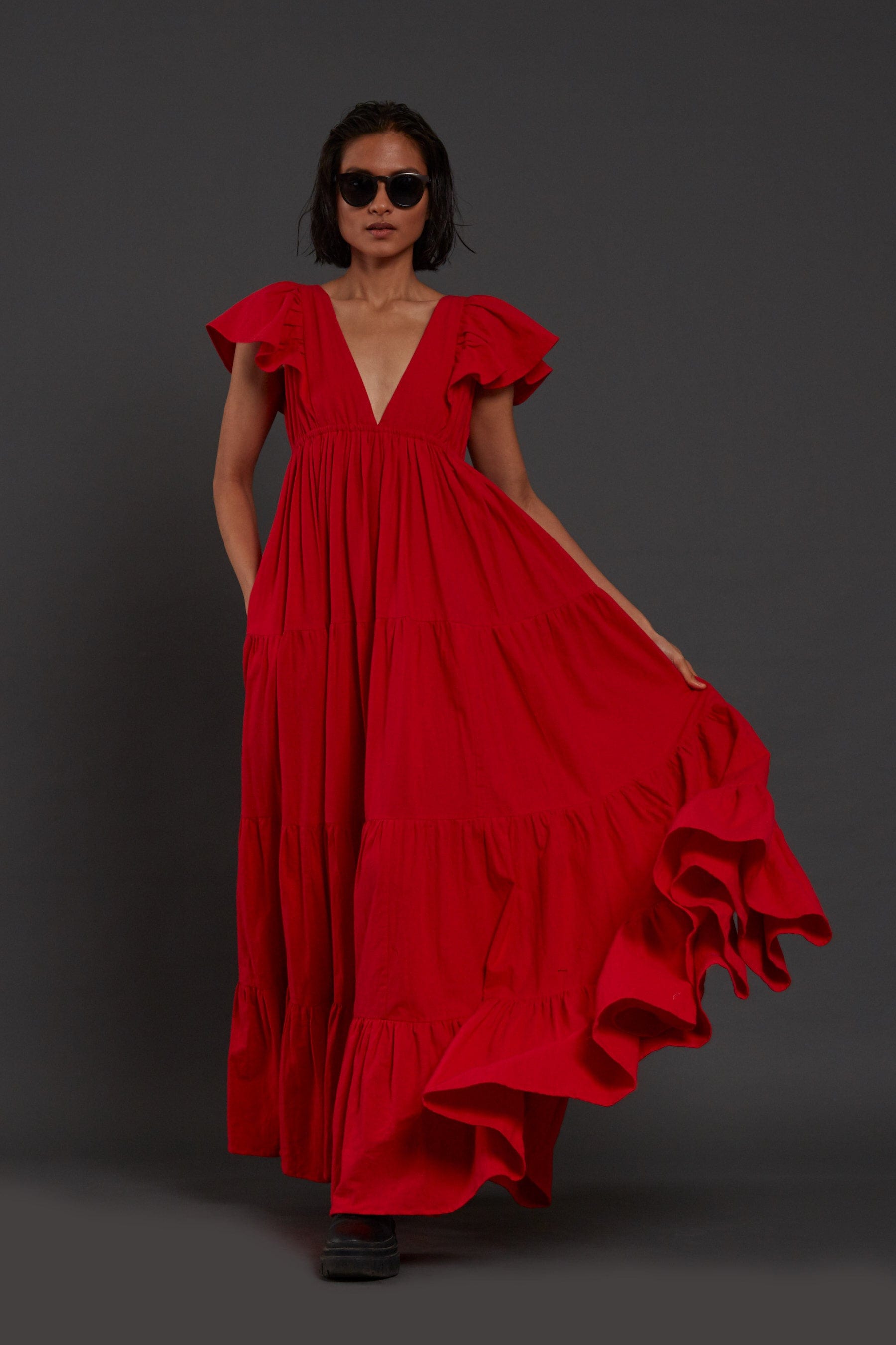 Handcrafted from Handwoven Organic Cotton Red Gown Dress for Women by Sustainable Fashion Clothing Label MATI