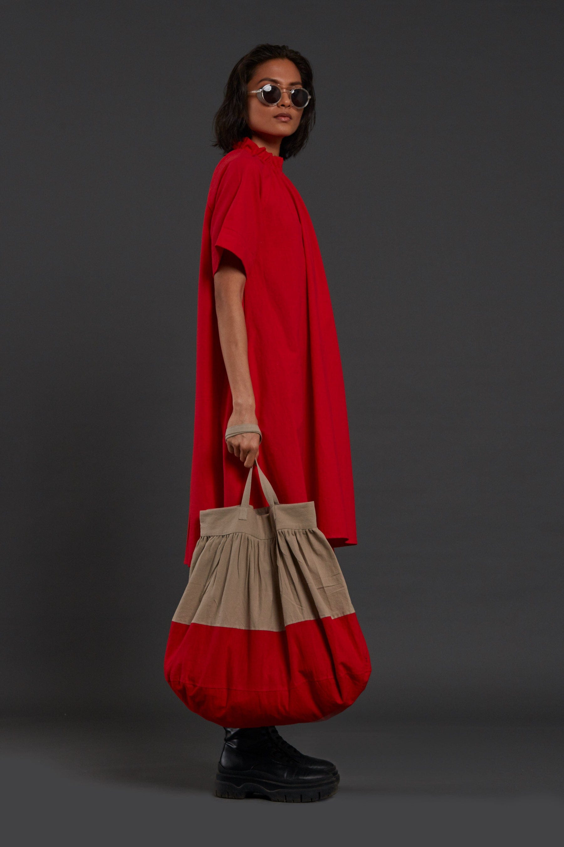 Handcrafted from Handwoven Organic Cotton Red Tora Dress for Women by Sustainable Fashion Clothing Label MATI