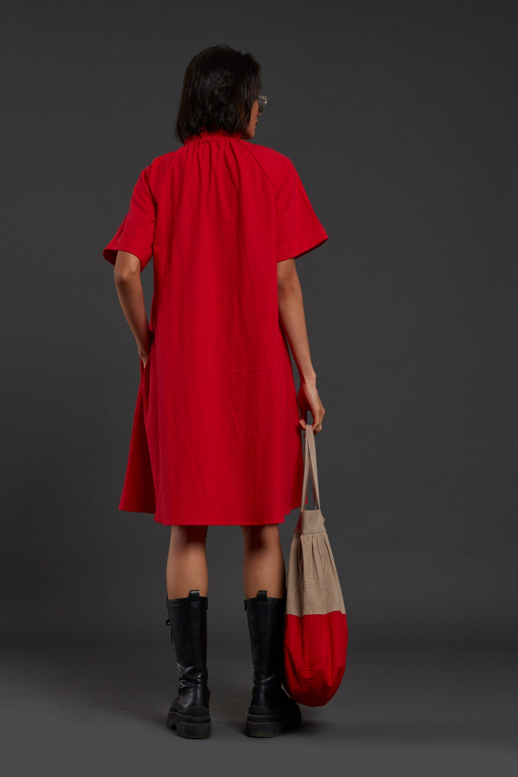 Handcrafted from Handwoven Organic Cotton Red Tora Dress for Women by Sustainable Fashion Clothing Label MATI