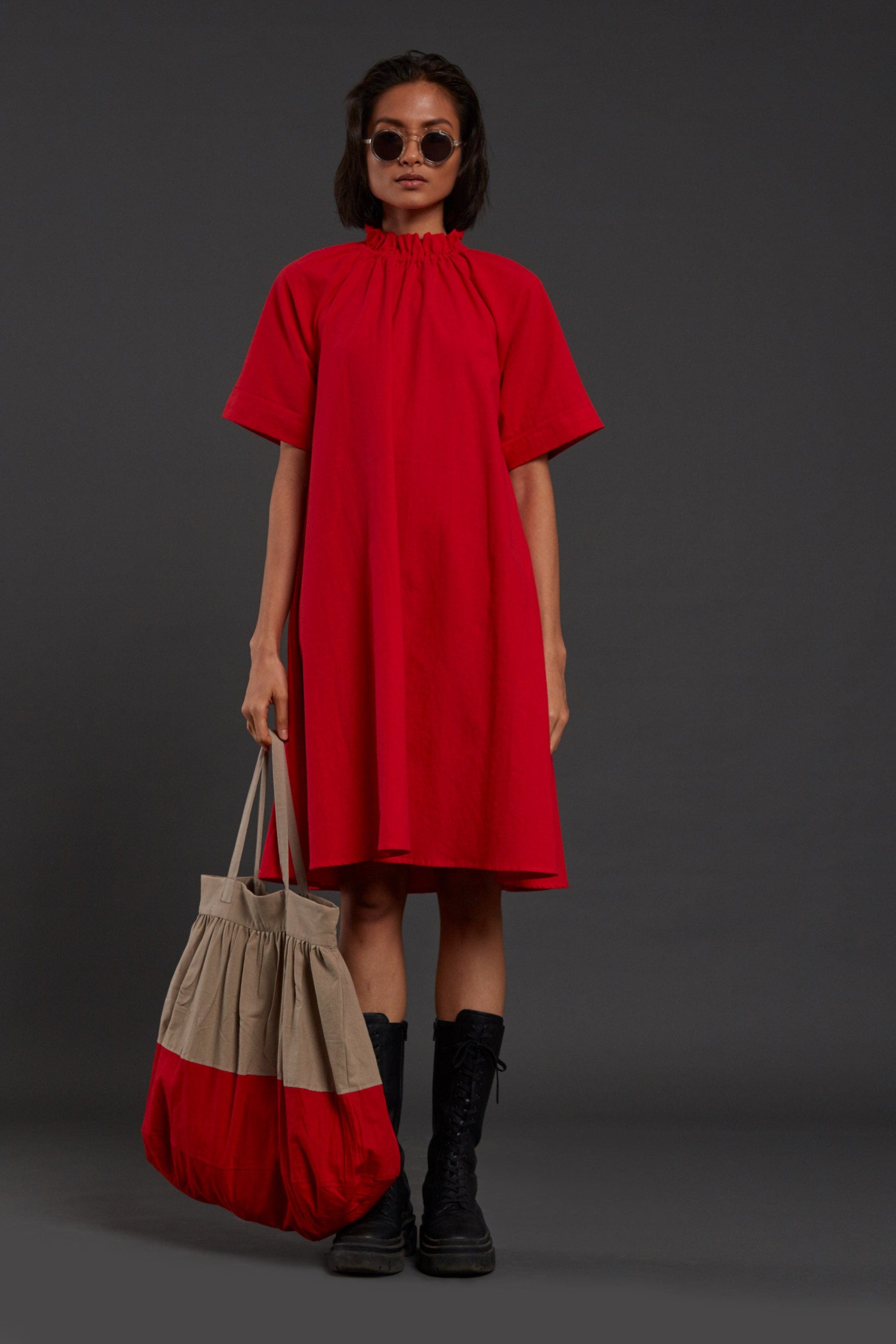Handcrafted from Handwoven Organic Cotton Red Tora Dress for Women by Sustainable Fashion Clothing Label MATI