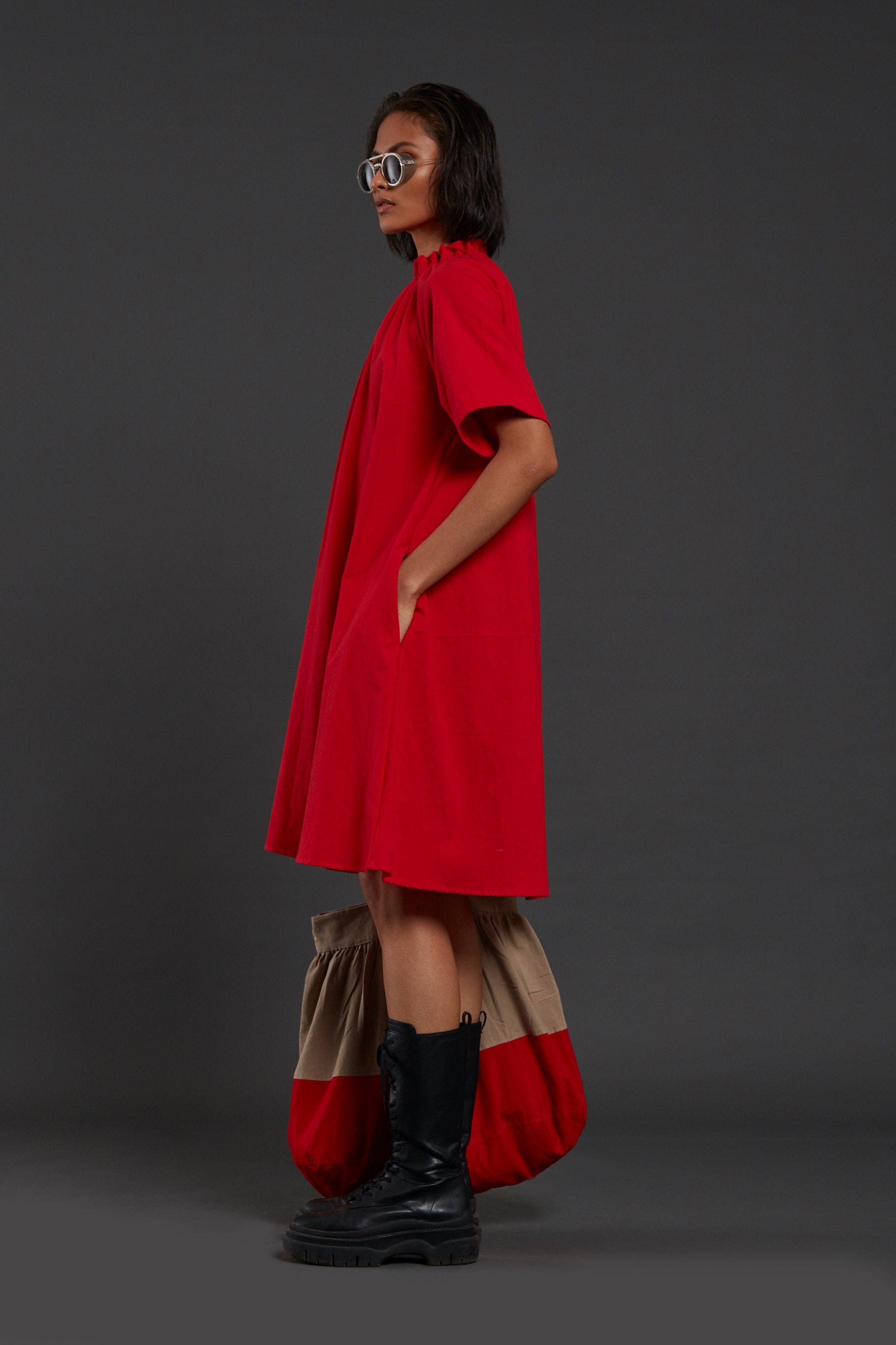 Handcrafted from Handwoven Organic Cotton Red Tora Dress for Women by Sustainable Fashion Clothing Label MATI