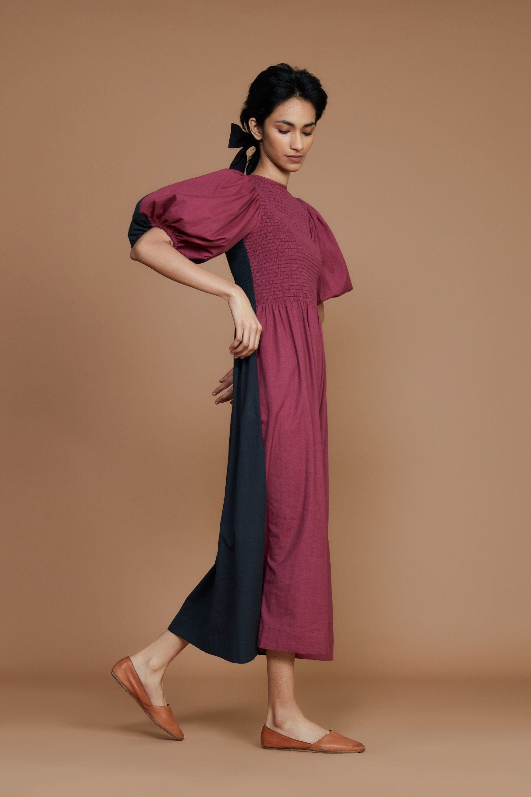 Handcrafted from Handwoven Organic Cotton, Black and Mauve Reversible Dress for Women by Sustainable Fashion Designer Clothing Label MATI