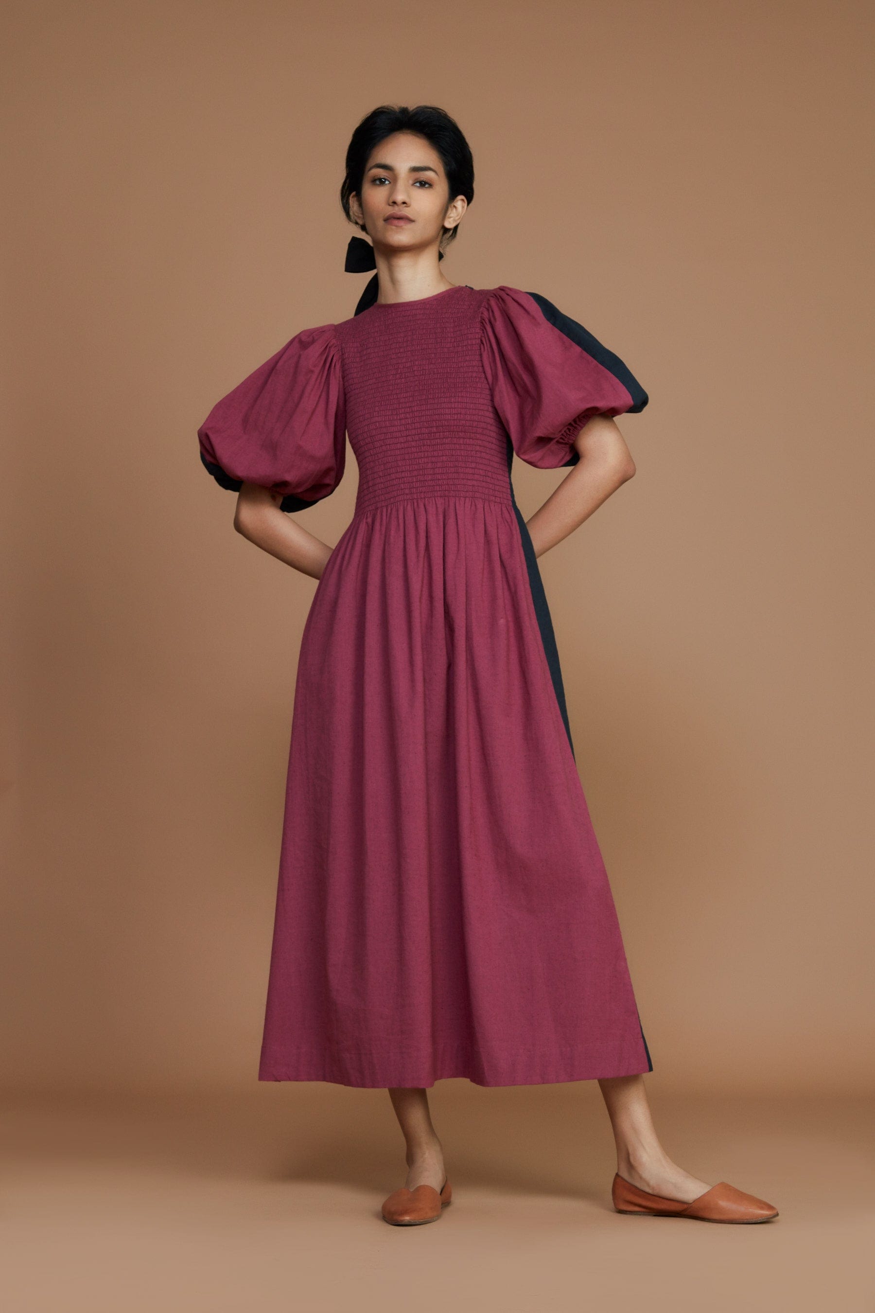 Handcrafted from Handwoven Organic Cotton, Black and Mauve Reversible Dress for Women by Sustainable Fashion Designer Clothing Label MATI