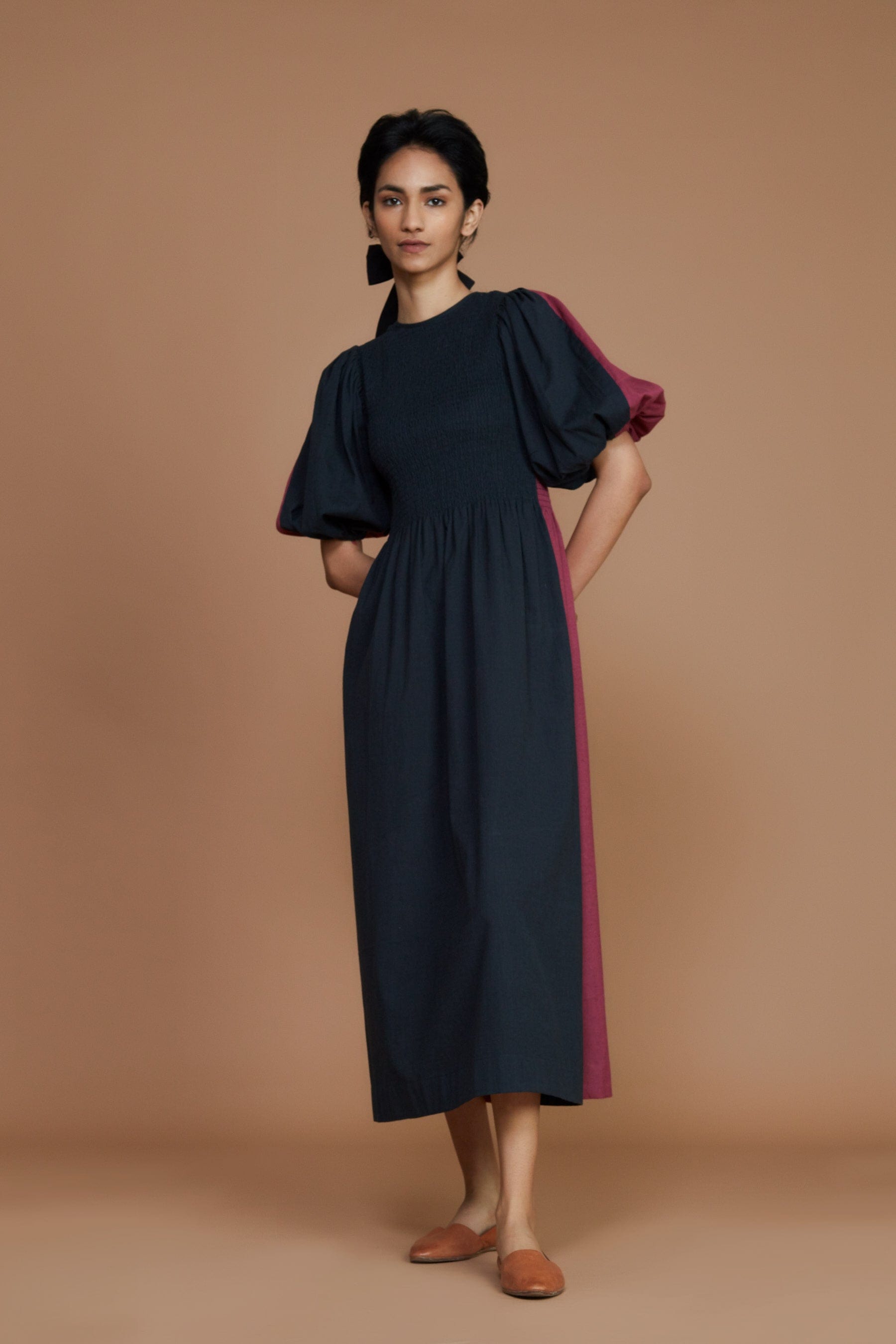 Handcrafted from Handwoven Organic Cotton, Black and Mauve Reversible Dress for Women by Sustainable Fashion Designer Clothing Label MATI