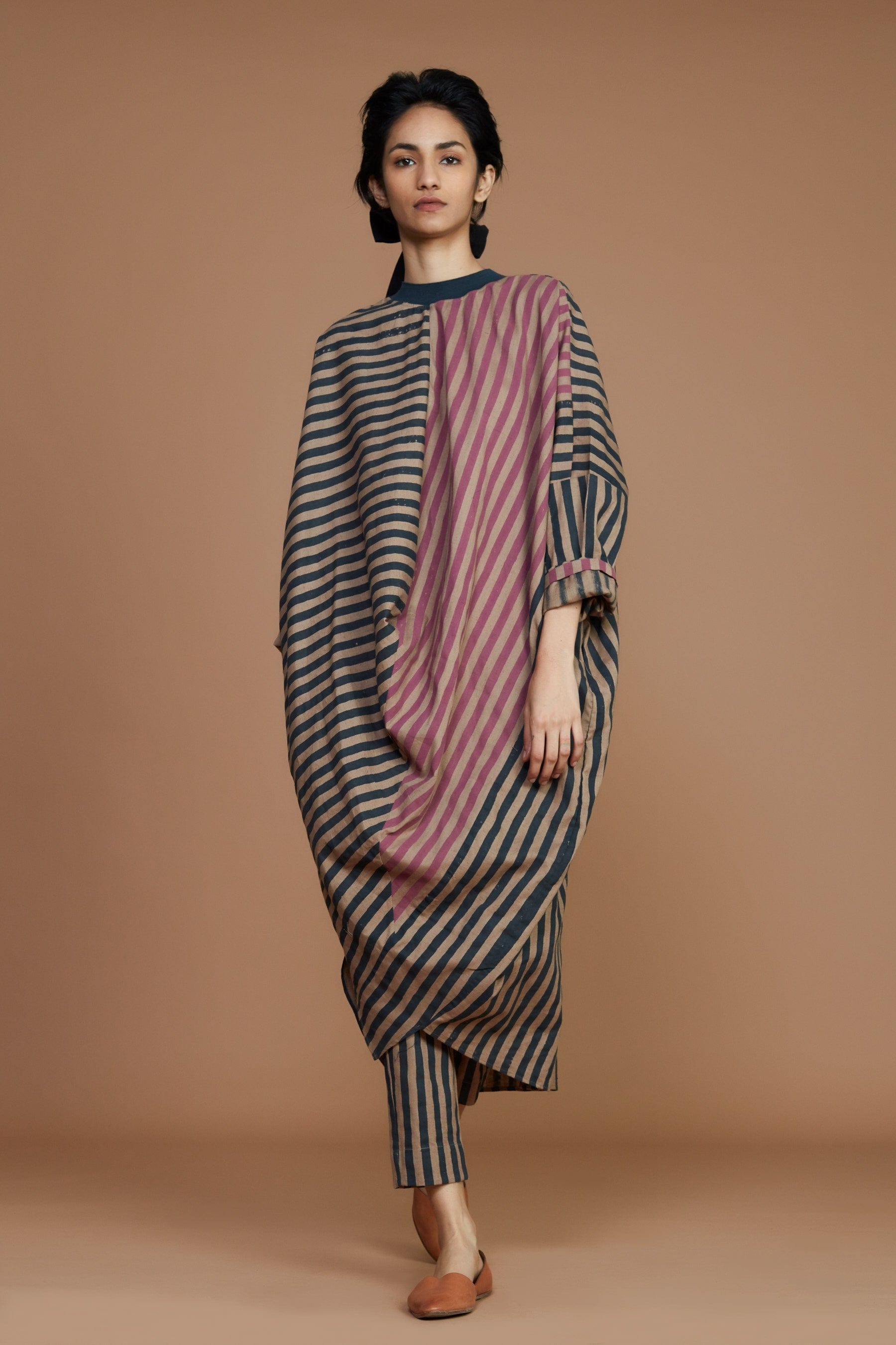 Handcrafted from Handwoven Organic Cotton, Striped Charcoal and Pink Brown Cowl Tunic Dress for Women by Sustainable Fashion Clothing Label MATI