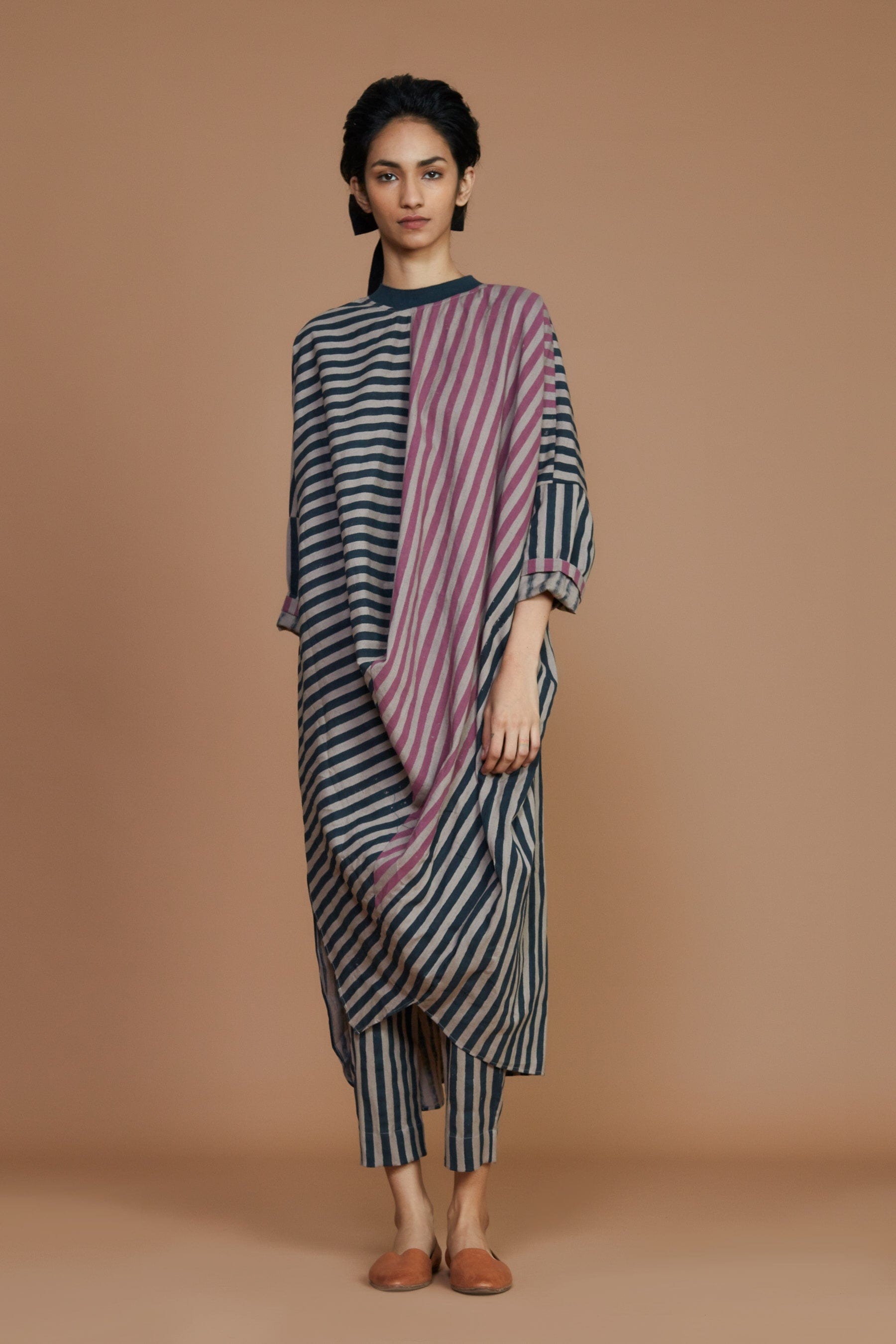 Handcrafted from Handwoven Organic Cotton, Striped Charcoal and Pink Grey Cowl Tunic Dress for Women by Sustainable Fashion Clothing Label MATI