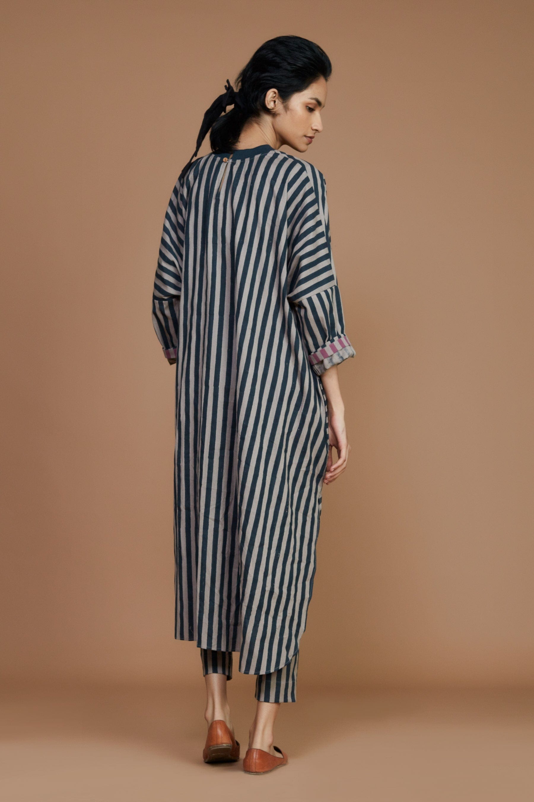Handcrafted from Handwoven Organic Cotton, Striped Charcoal and Pink Grey Cowl Tunic Dress for Women by Sustainable Fashion Clothing Label MATI