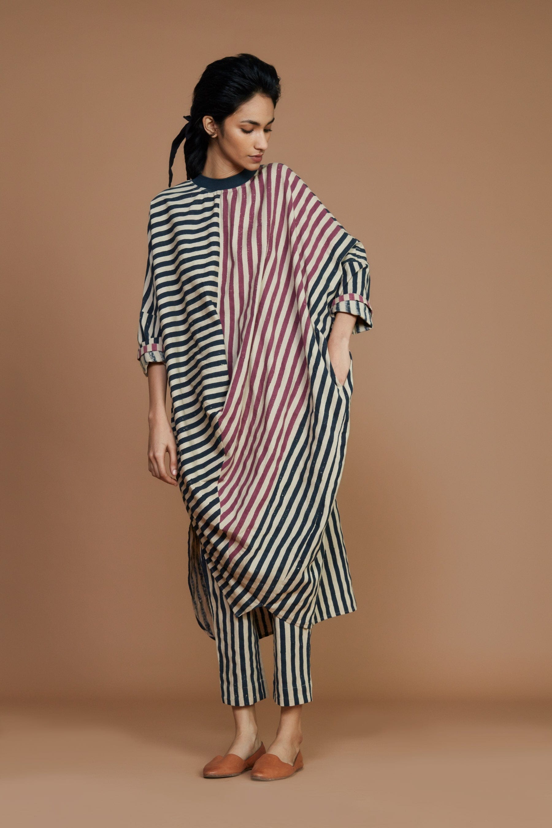 Handcrafted from Handwoven Organic Cotton, Striped Charcoal and Pink Cowl Tunic Dress for Women by Sustainable Fashion Clothing Label MATI