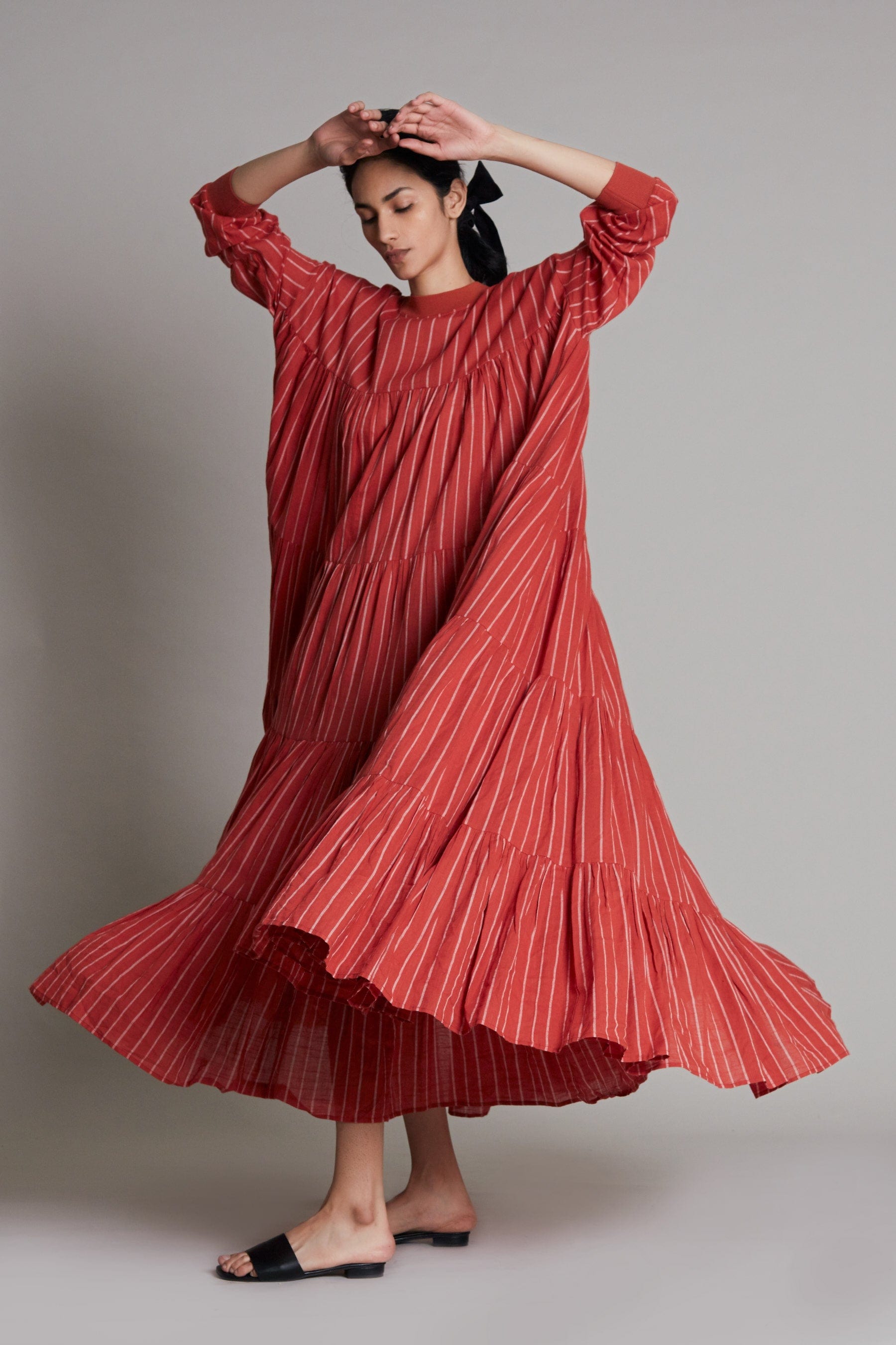 Handcrafted from Handwoven Organic Cotton, Rust Tiered Maxi Dress for Women by Sustainable Fashion Clothing Label MATI