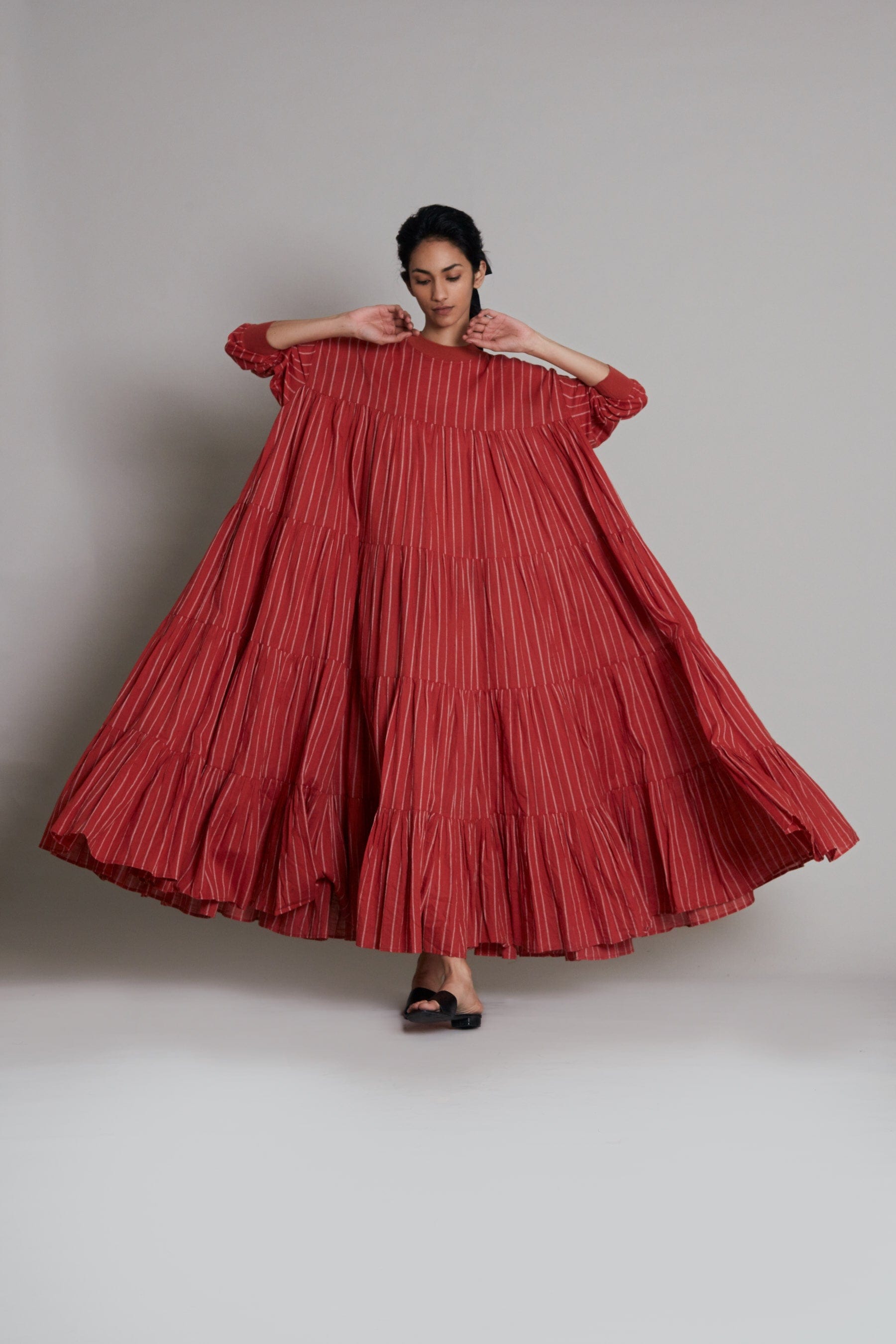 Handcrafted from Handwoven Organic Cotton, Rust Tiered Maxi Dress for Women by Sustainable Fashion Clothing Label MATI