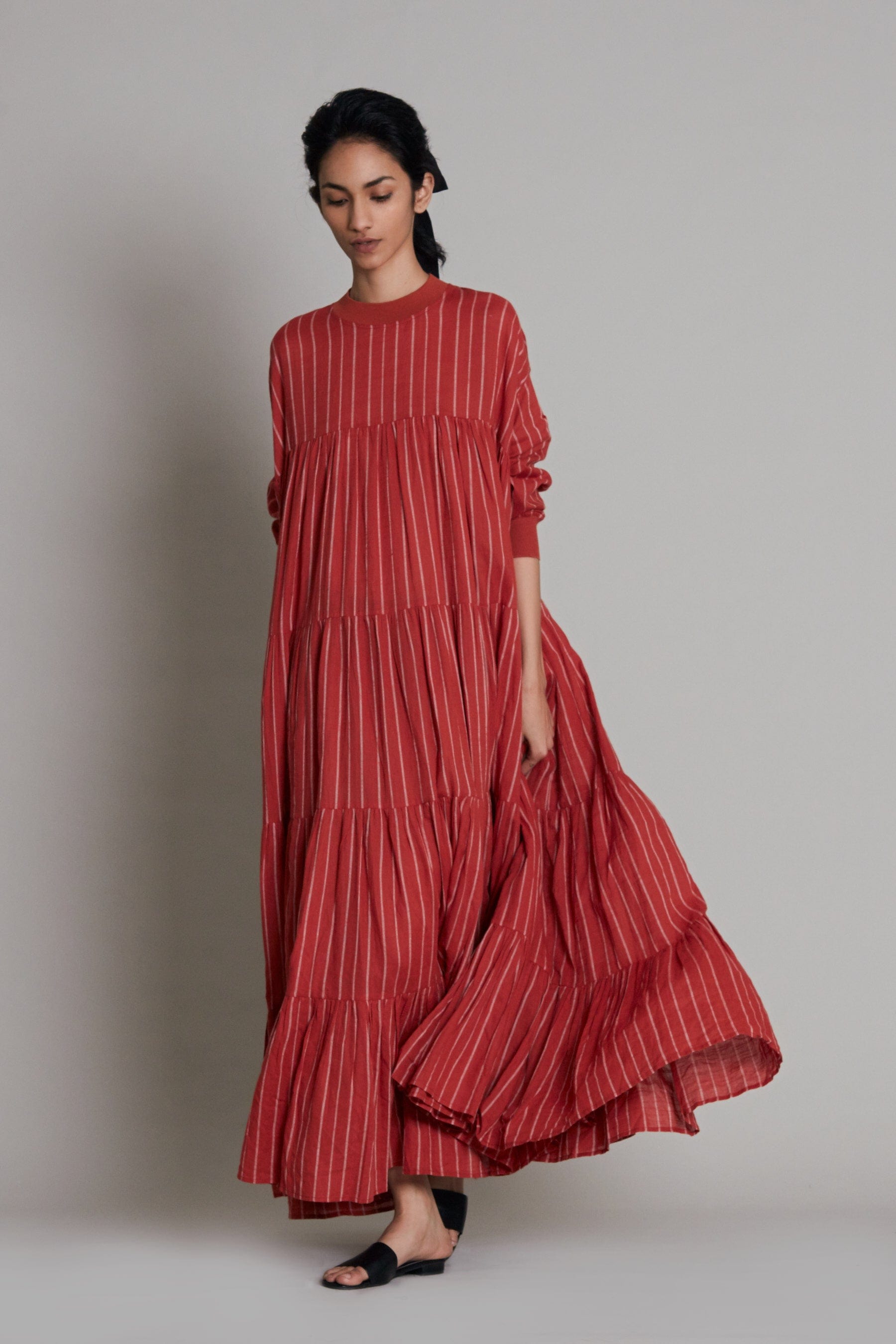 Handcrafted from Handwoven Organic Cotton, Rust Tiered Maxi Dress for Women by Sustainable Fashion Clothing Label MATI