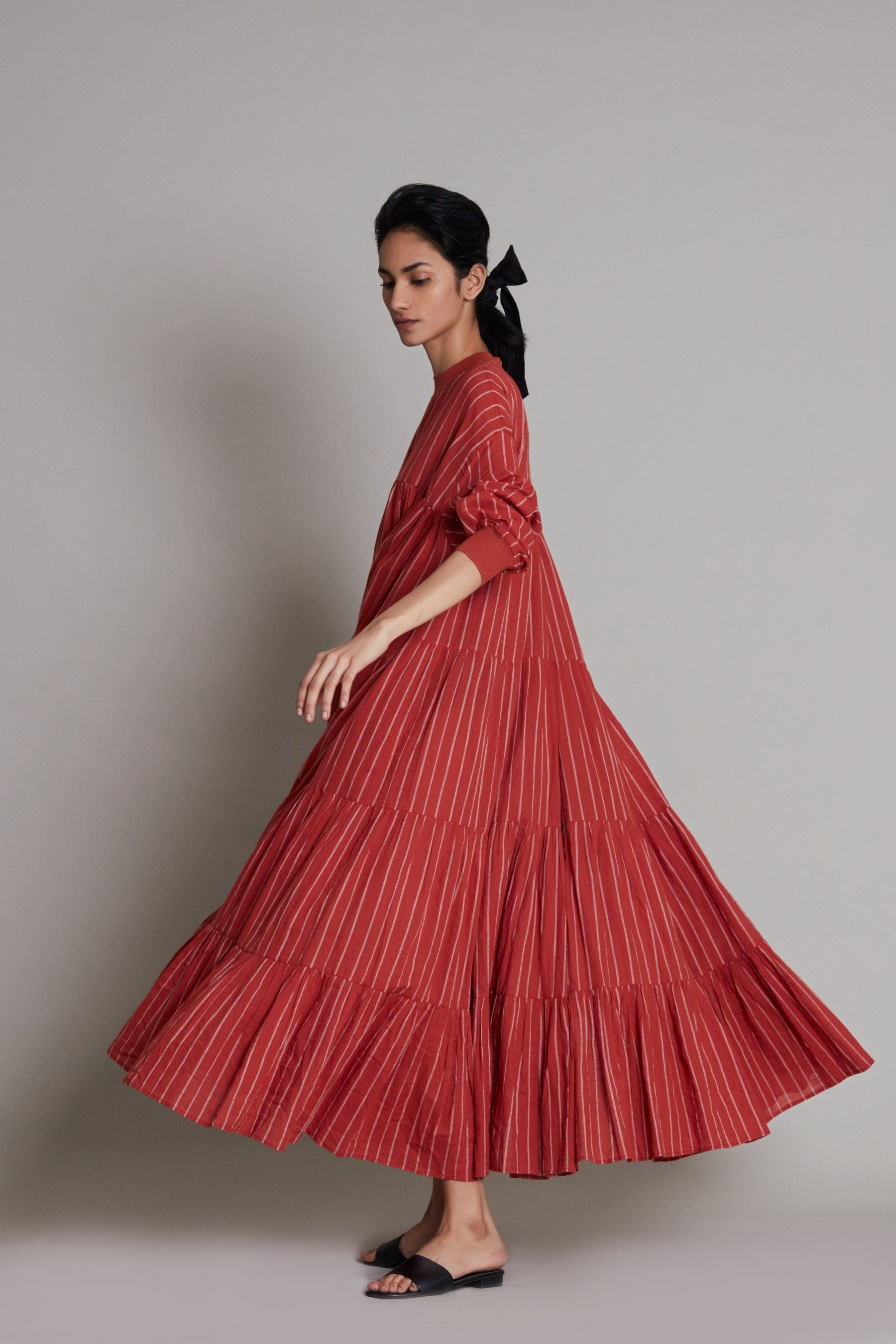 Handcrafted from Handwoven Organic Cotton, Rust Tiered Maxi Dress for Women by Sustainable Fashion Clothing Label MATI