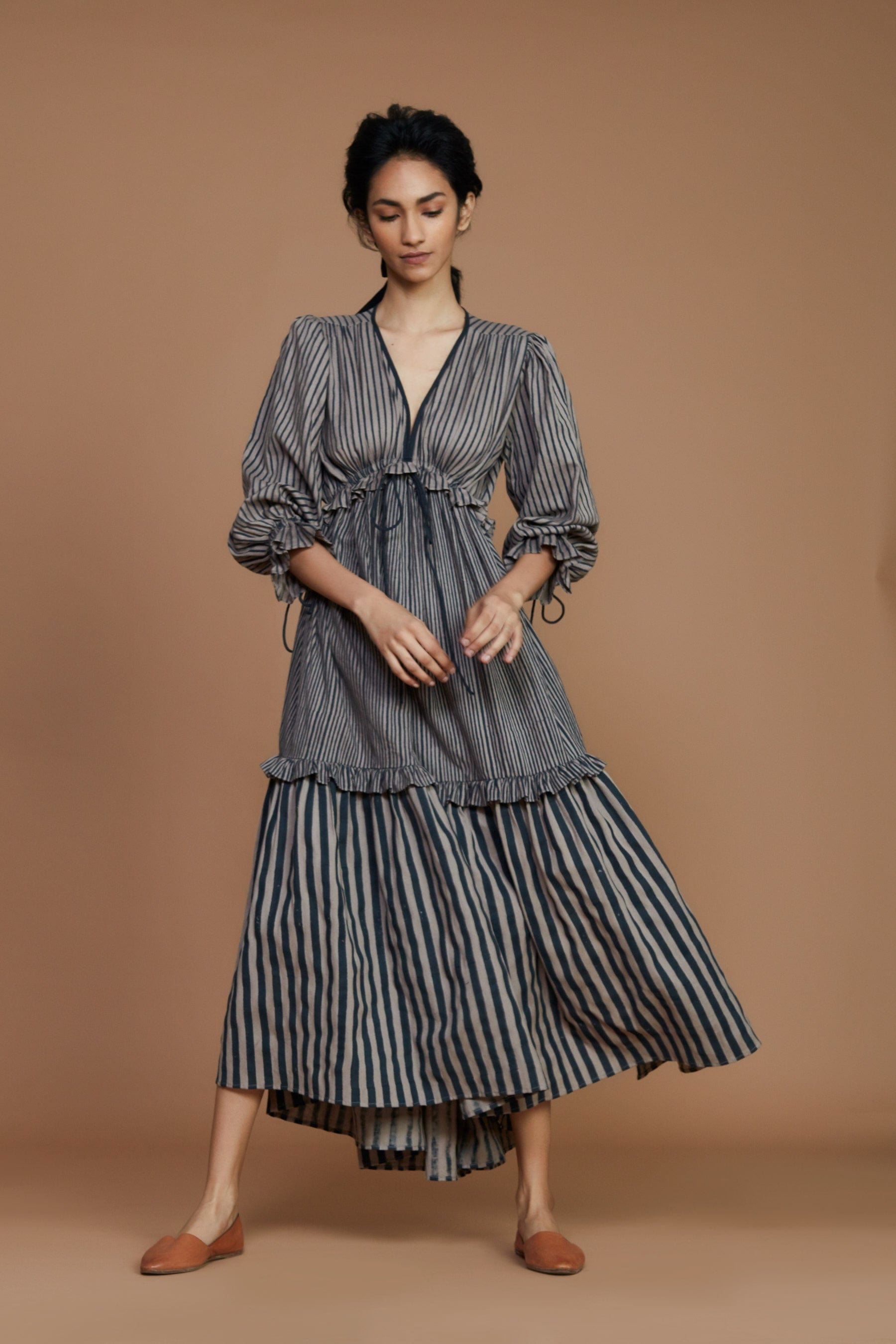 Handcrafted from Handwoven Organic Cotton, Striped Gray Frill Tiered Dress for Women by Sustainable Fashion Designer Clothing Label MATI
