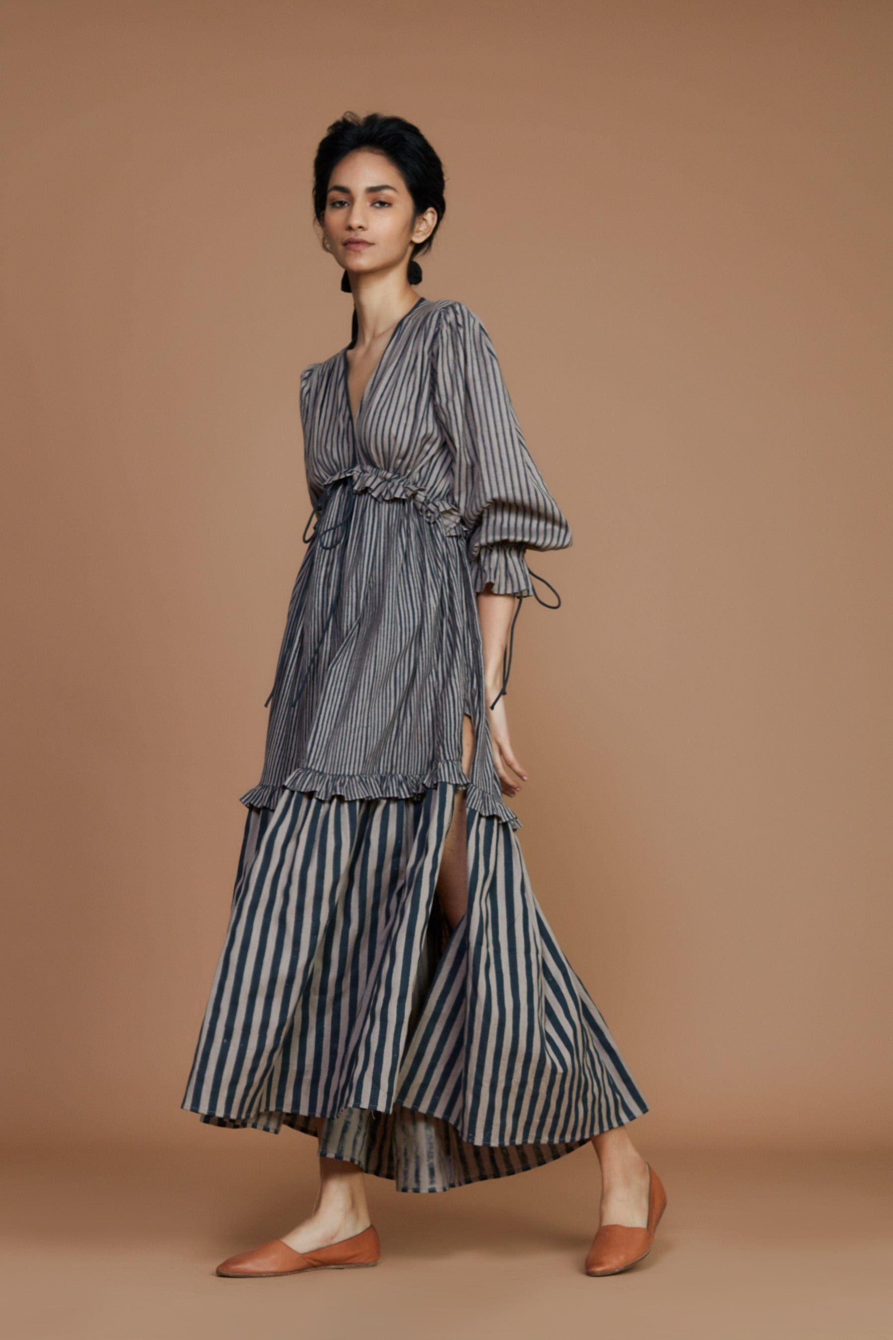 Handcrafted from Handwoven Organic Cotton, Striped Gray Frill Tiered Dress for Women by Sustainable Fashion Designer Clothing Label MATI