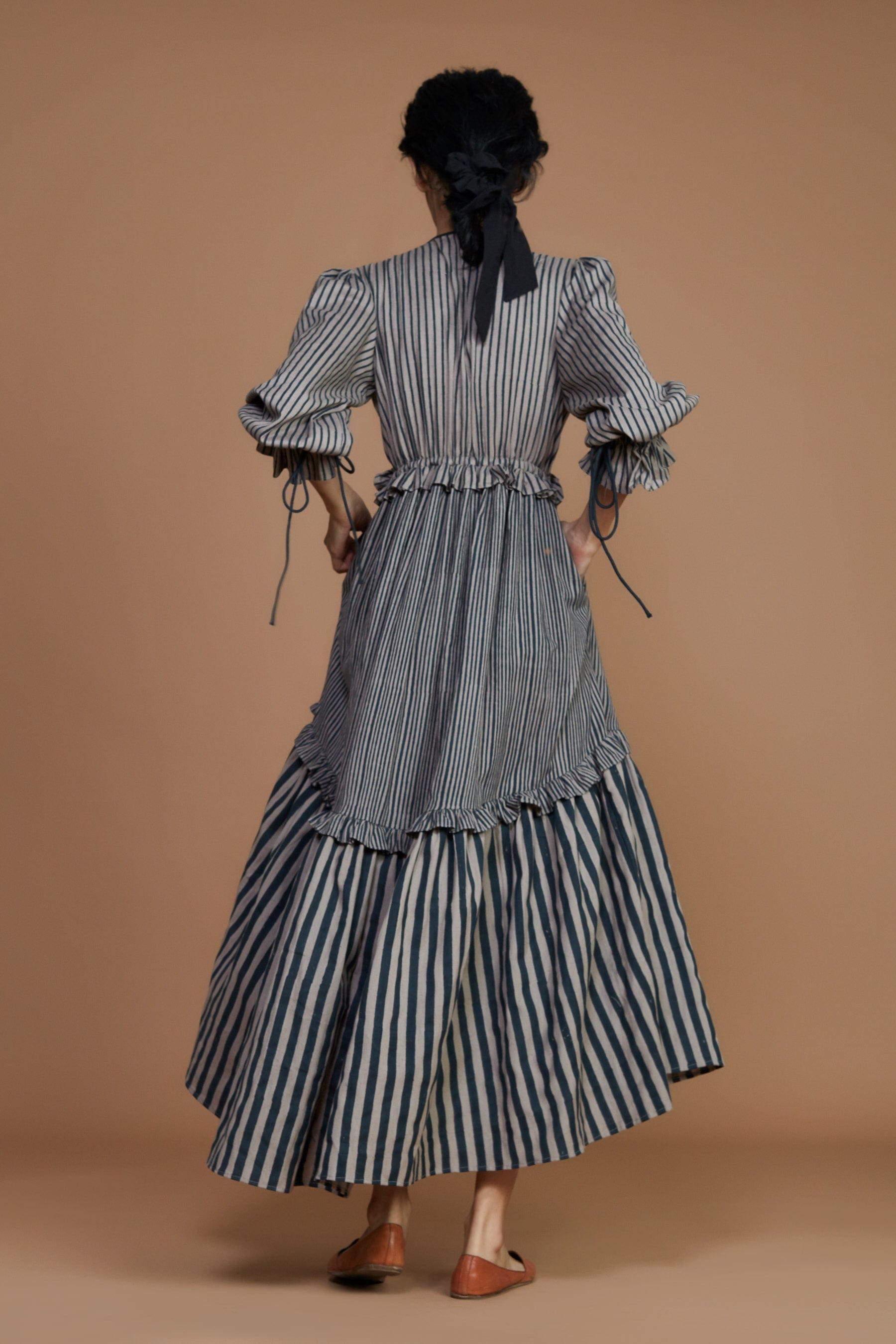 Handcrafted from Handwoven Organic Cotton, Striped Gray Frill Tiered Dress for Women by Sustainable Fashion Designer Clothing Label MATI