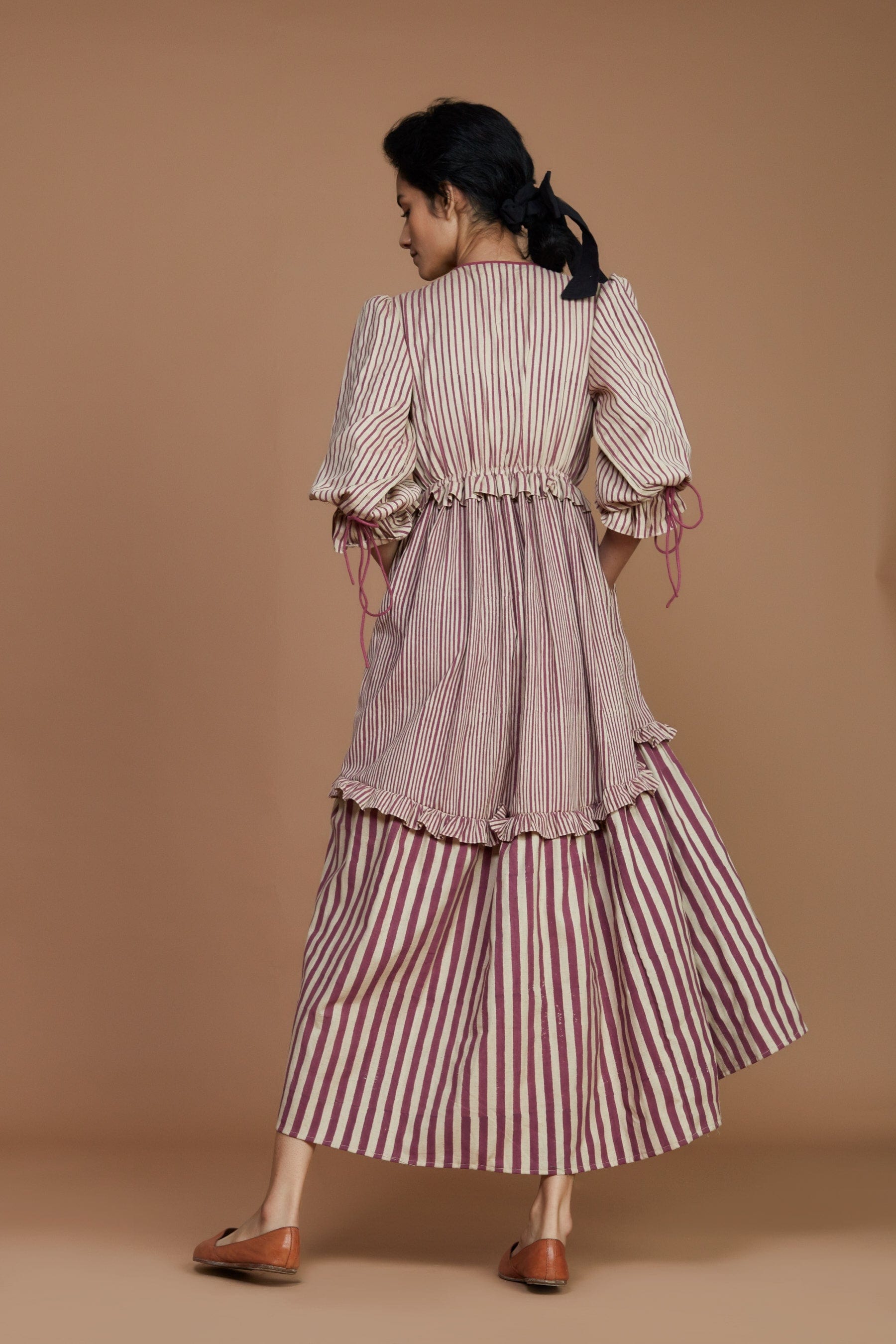 Handcrafted from Handwoven Organic Cotton, Striped Mauve Frill Tiered Dress for Women by Sustainable Fashion Designer Clothing Label MATI