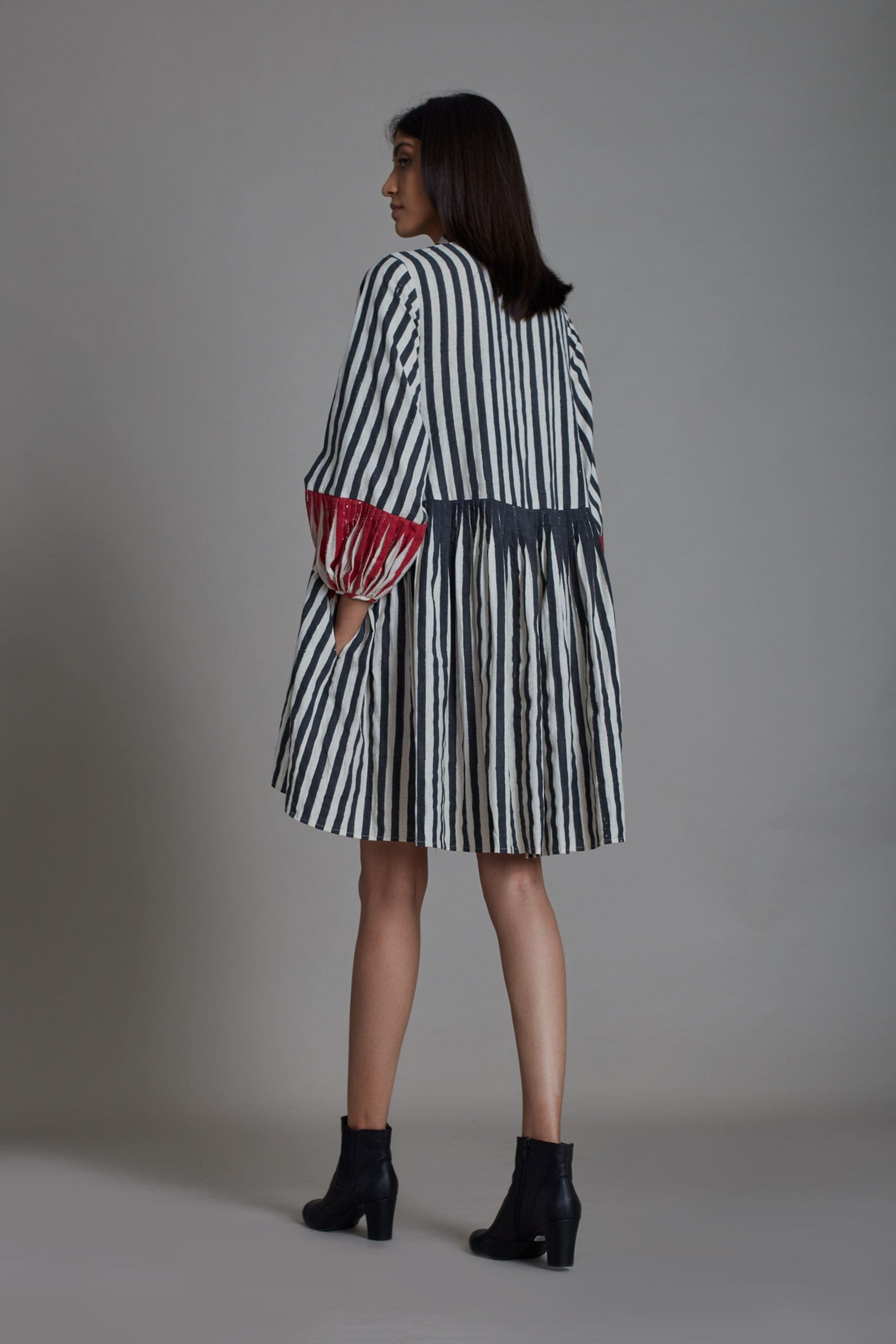 Handcrafted from Handwoven Organic Cotton Striped Black & Red Short Dress for Women by Sustainable Fashion Clothing Label MATI