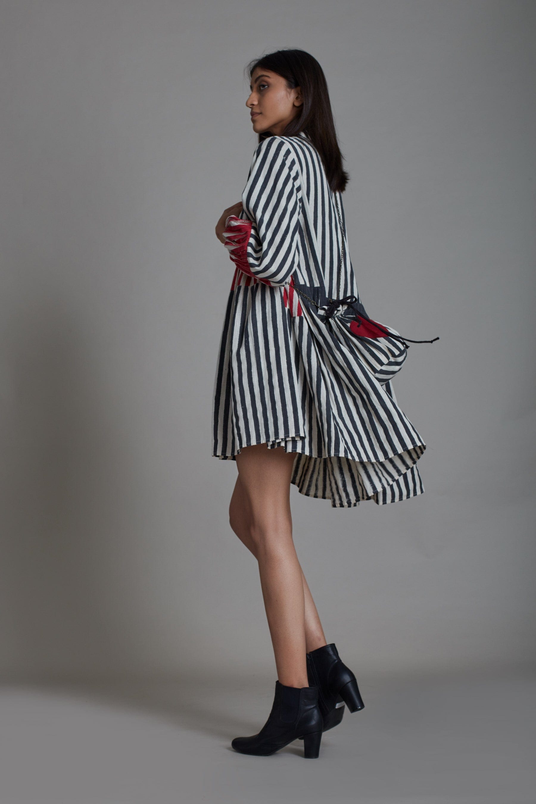 Handcrafted from Handwoven Organic Cotton Striped Black & Red Short Dress for Women by Sustainable Fashion Clothing Label MATI