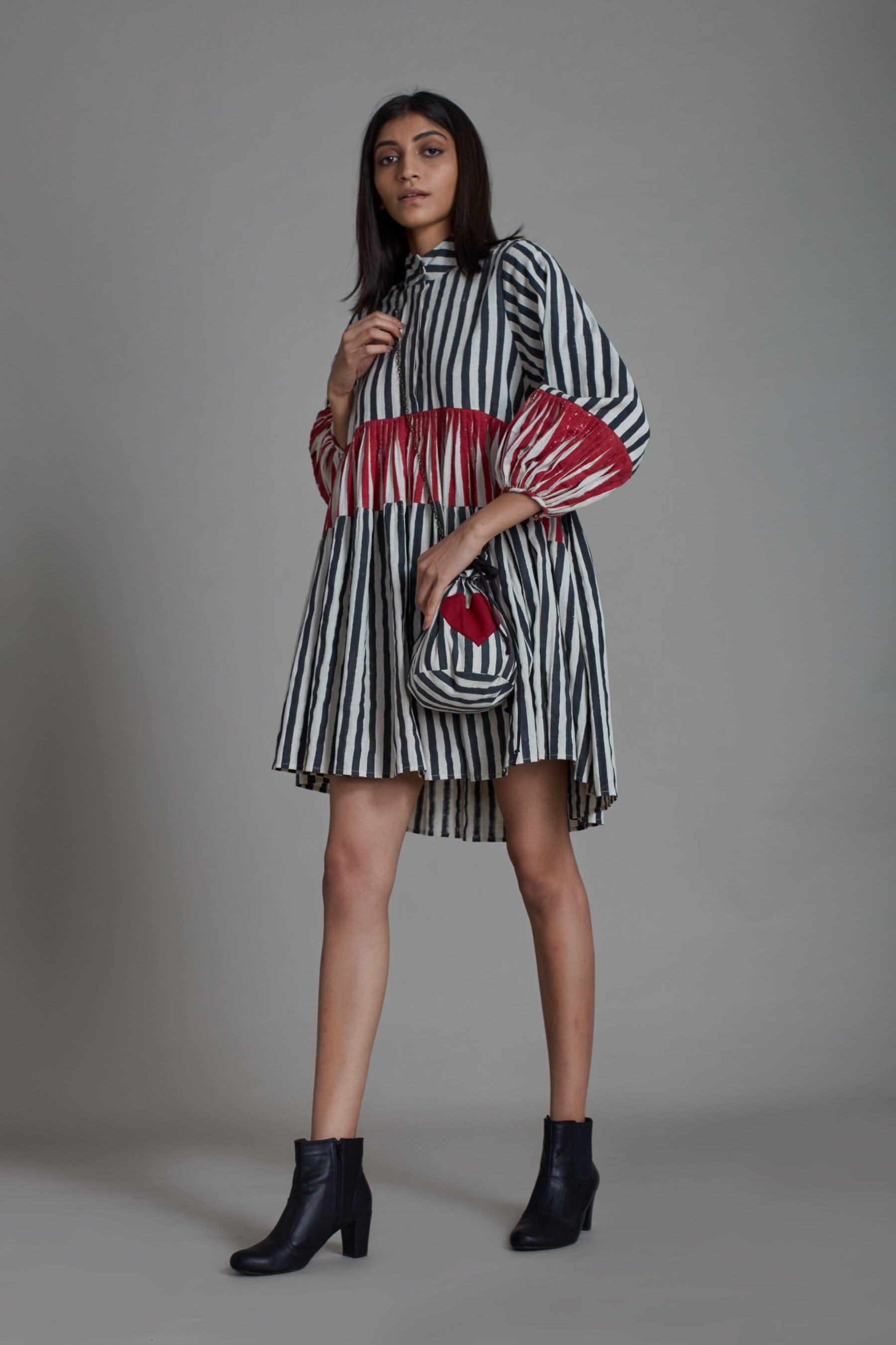 Handcrafted from Handwoven Organic Cotton Striped Black & Red Short Dress for Women by Sustainable Fashion Clothing Label MATI