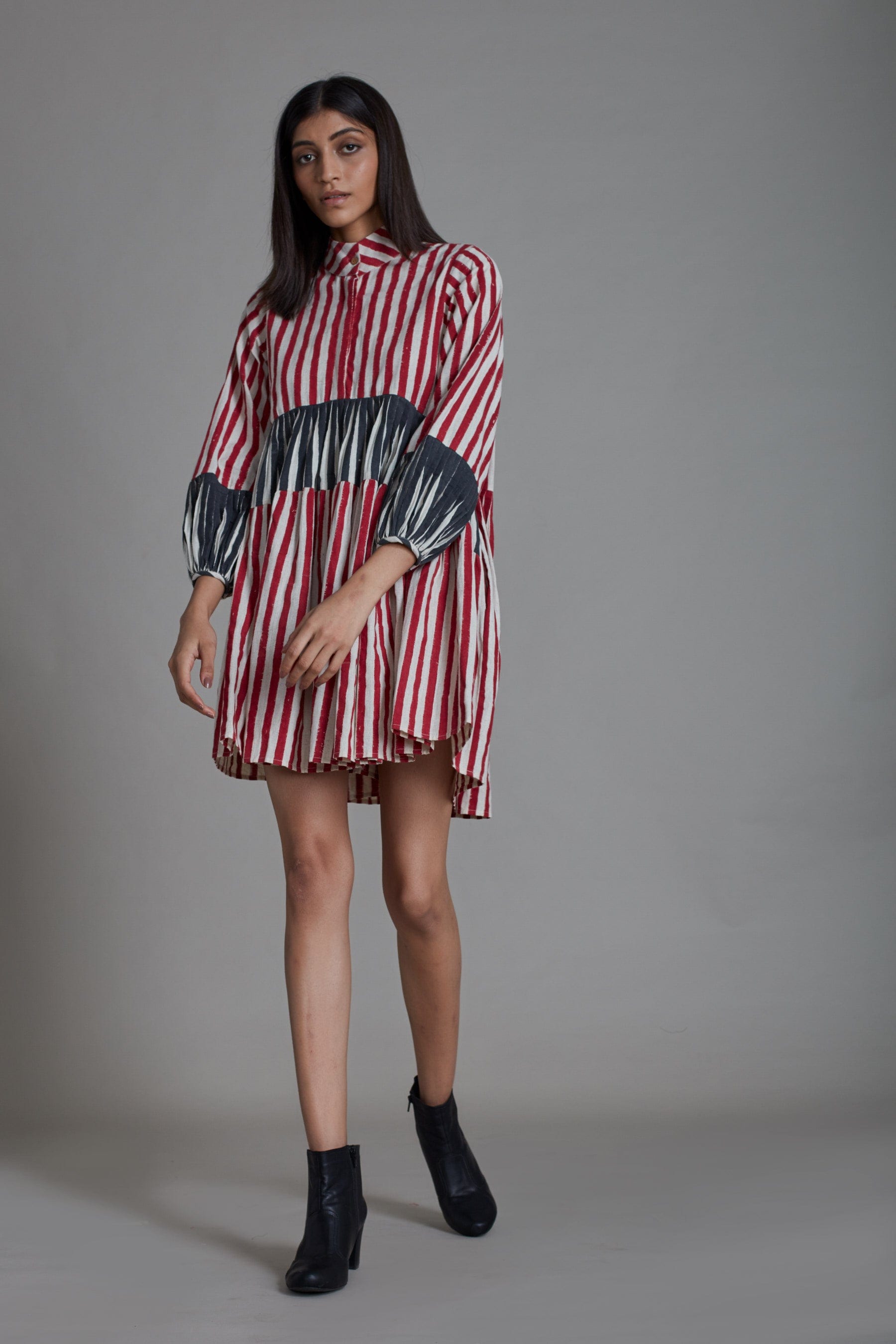 Handcrafted from Handwoven Organic Cotton Striped Red & Black Short Dress for Women by Sustainable Fashion Clothing Label MATI