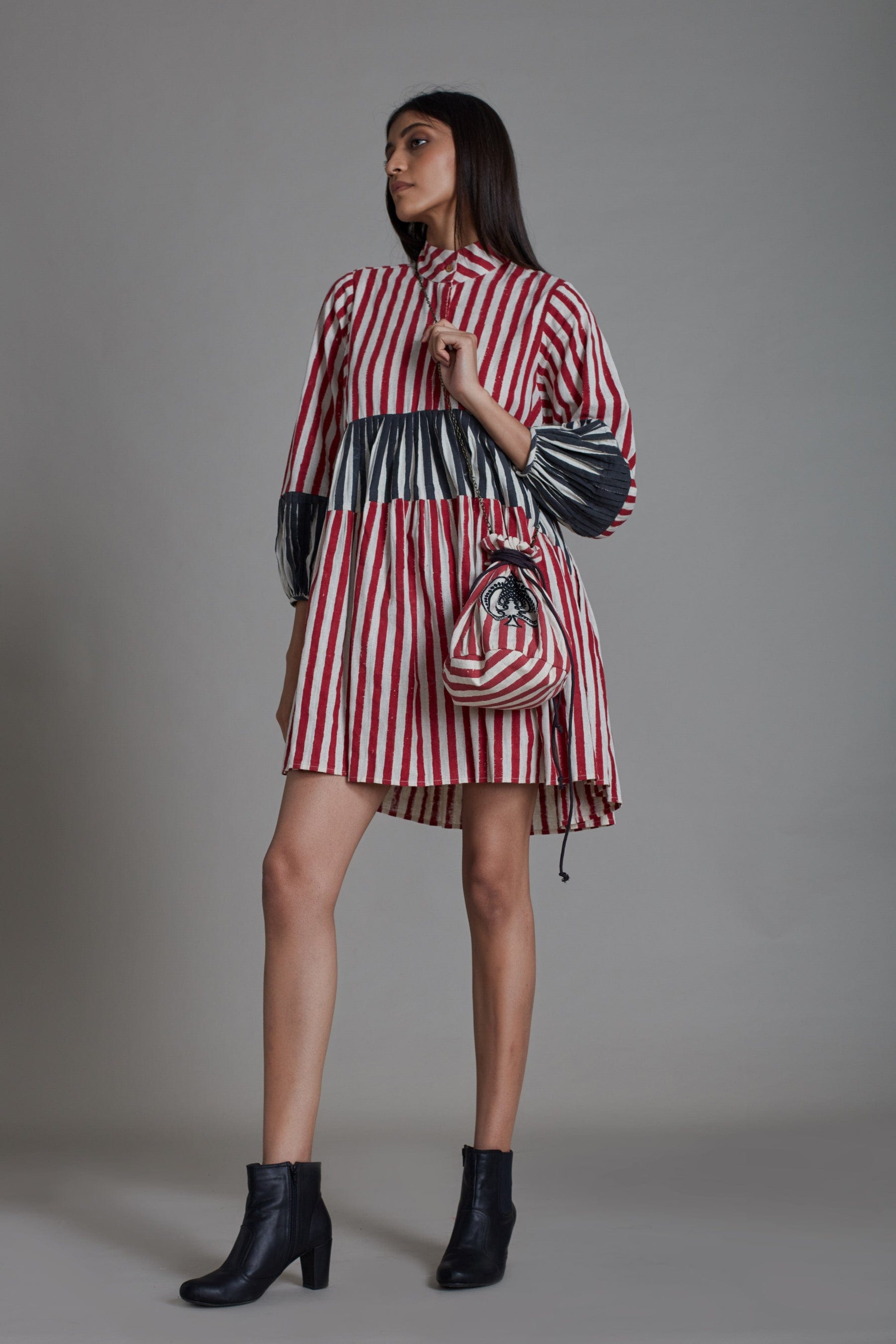 Handcrafted from Handwoven Organic Cotton Striped Red & Black Short Dress for Women by Sustainable Fashion Clothing Label MATI