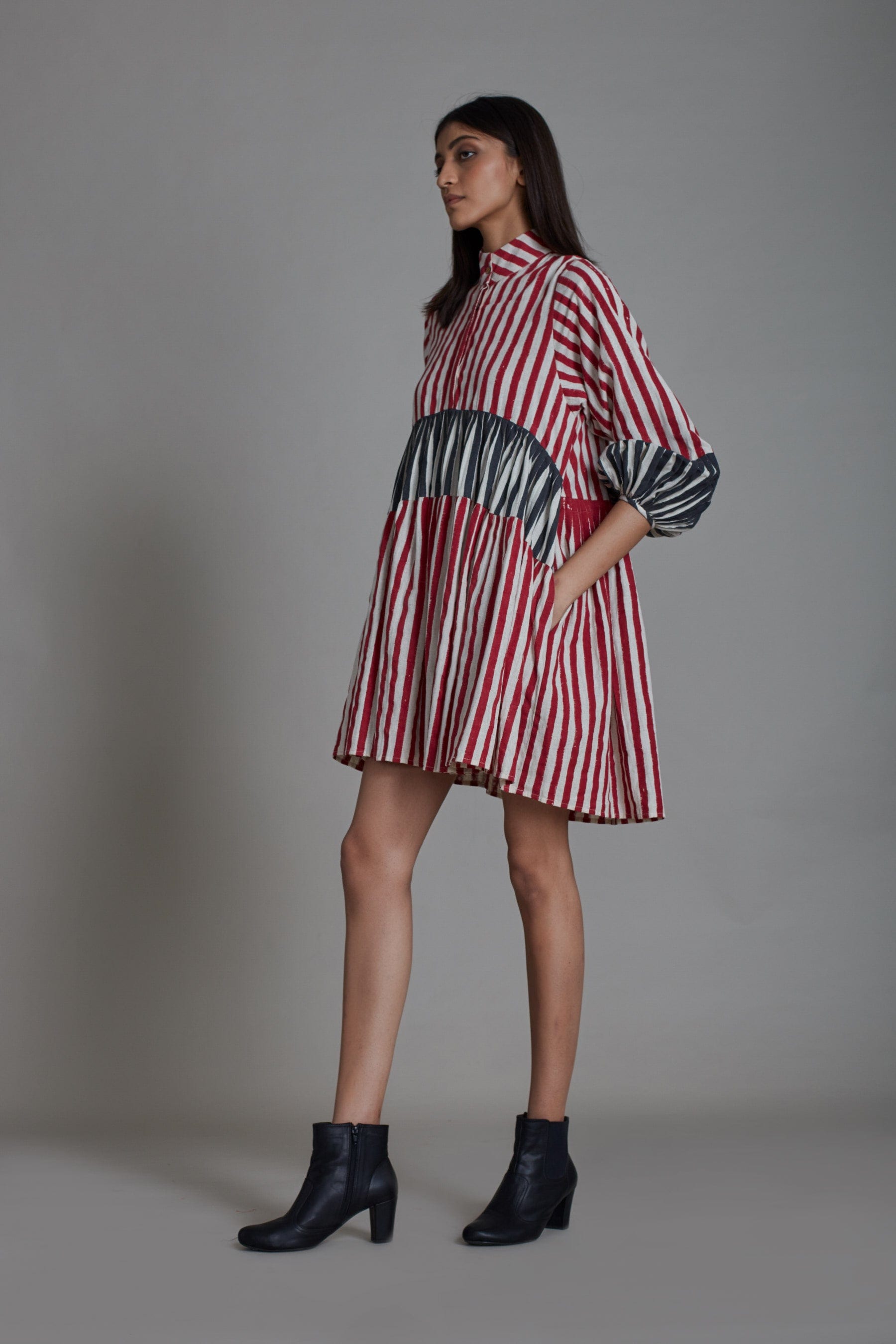 Handcrafted from Handwoven Organic Cotton Striped Red & Black Short Dress for Women by Sustainable Fashion Clothing Label MATI